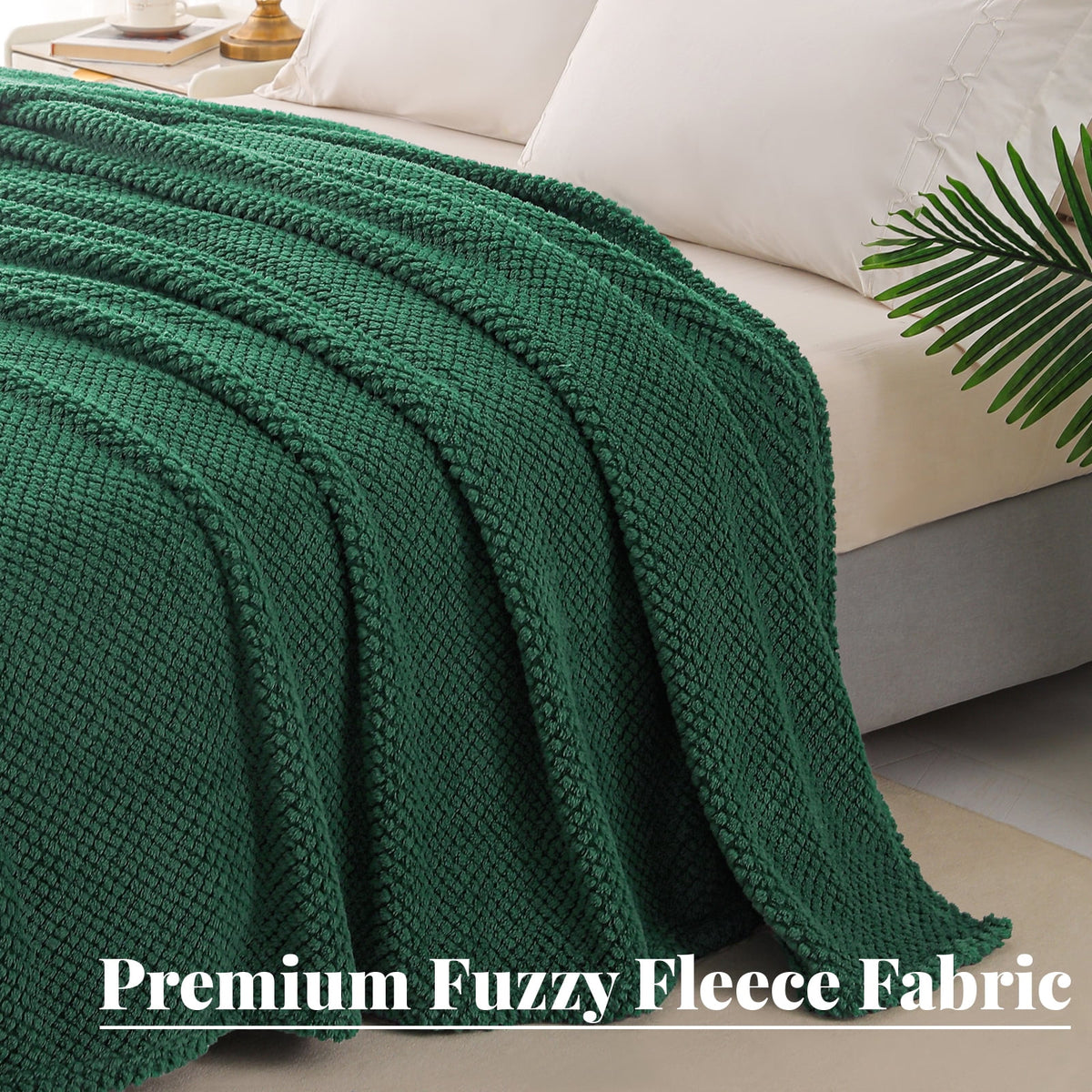 Whale Flotilla Queen Size Fuzzy Fleece Blanket, 90"x90" Fluffy Lightweight Soft Jacquard Bed Blankets for All Seasons, Warm and Cozy, Deep Green