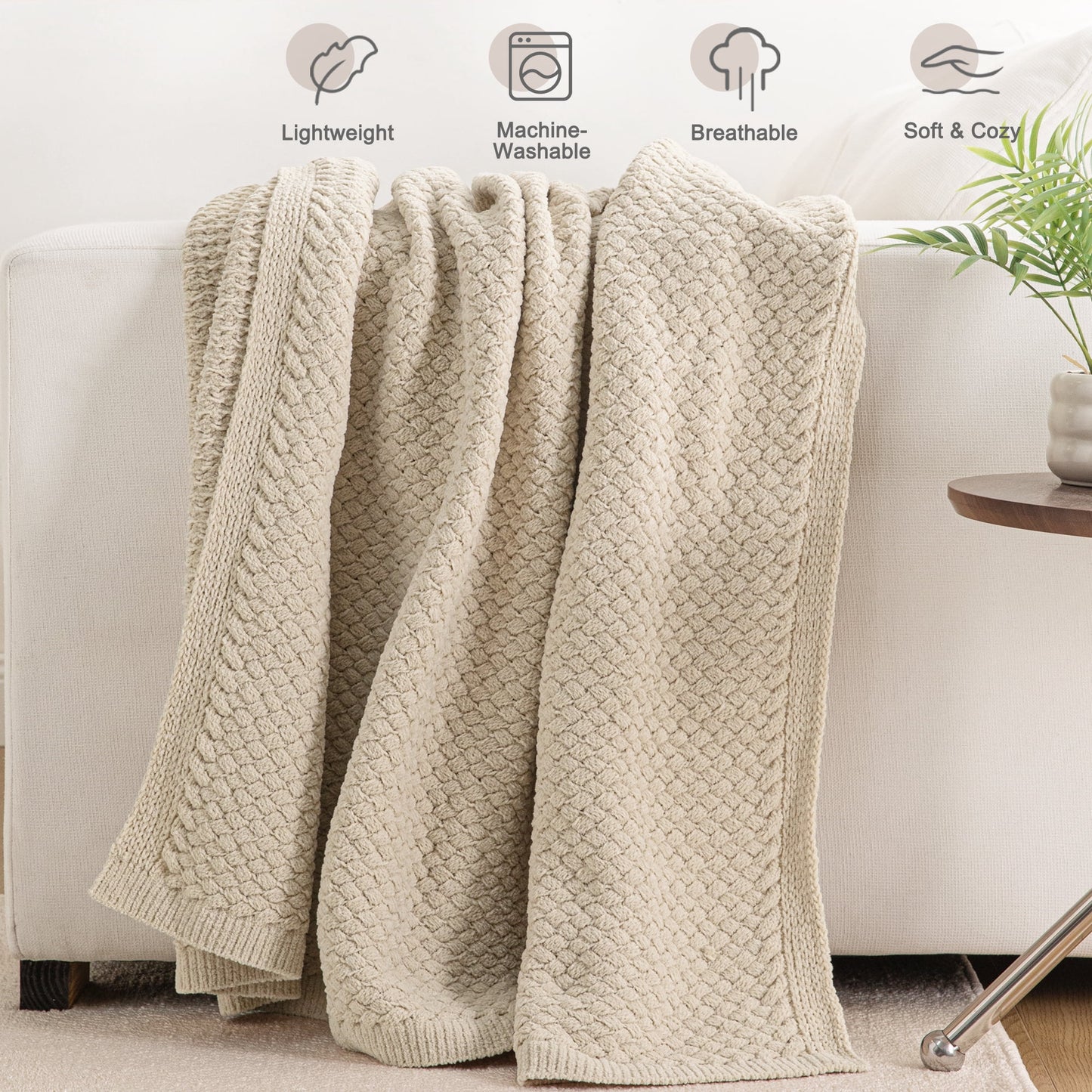 Whale Flotilla Knit Chenille Twin Size Blanket for Bed, Soft Fuzzy Warm Chunky Bed Blanket, 60"x80", Camel