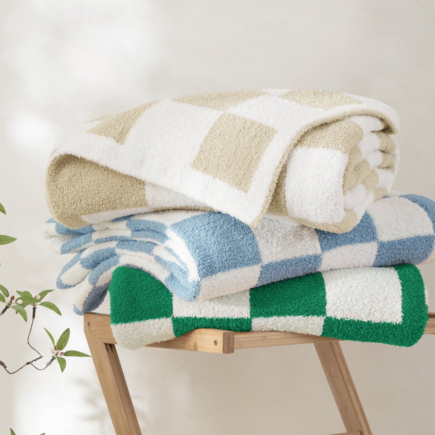 Whale Flotilla Checkered Knit Throw Blanket for Couch, Sofa, Bed, Soft Fluffy and Cozy, 50"x60", Green