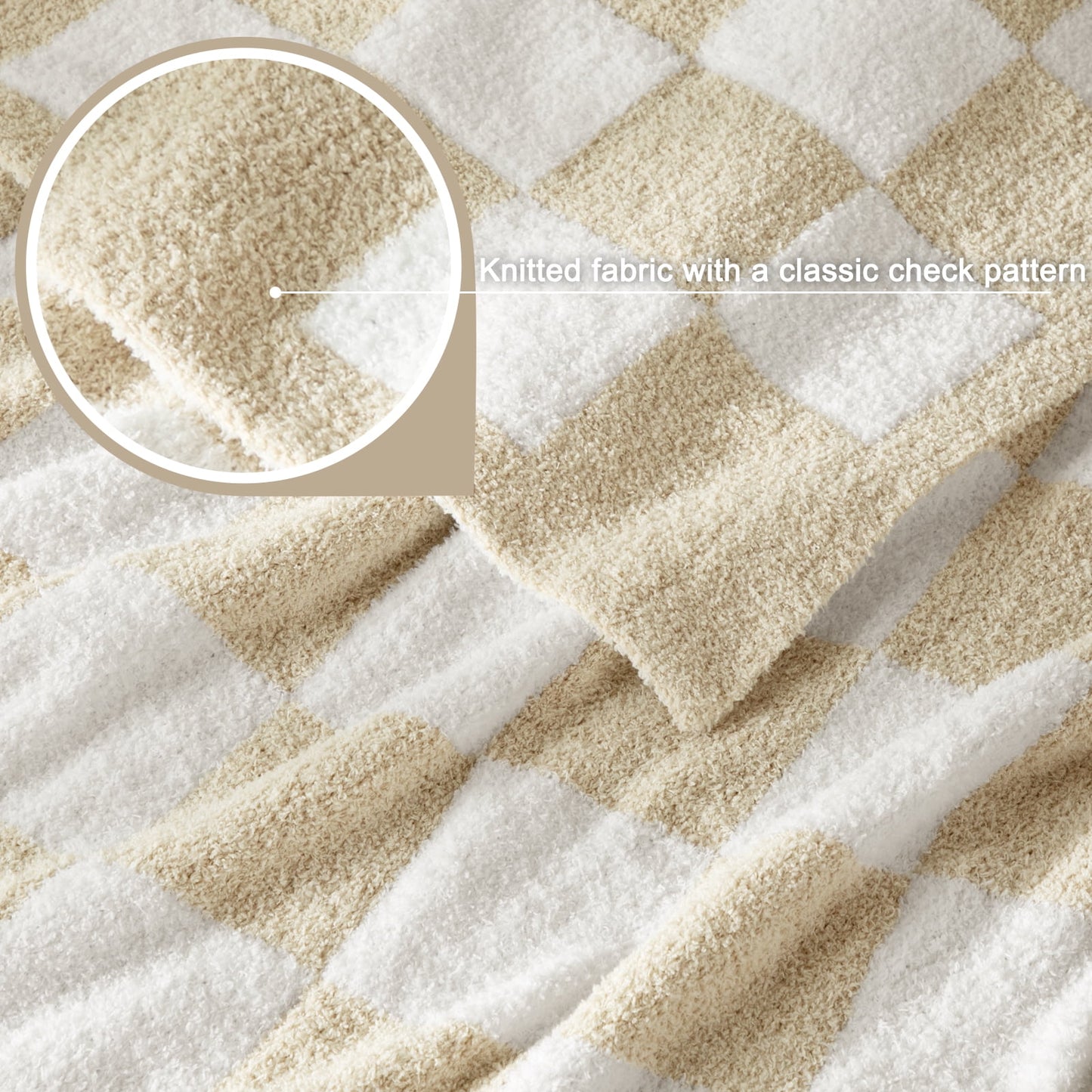 Whale Flotilla Checkered Knit Throw Blanket for Couch, Sofa, Bed, Soft Fluffy and Cozy, 50"x60", Camel