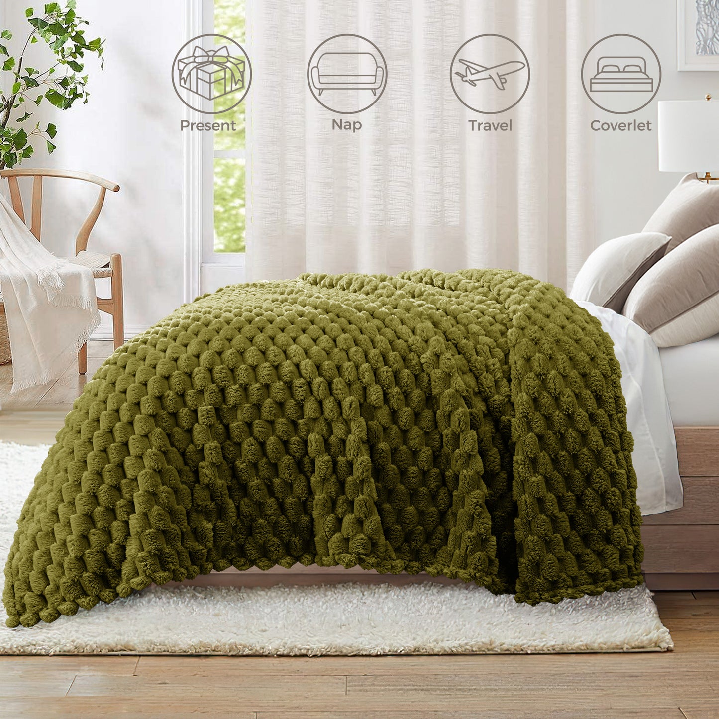 Whale Flotilla Throw Blanket for Couch with Expanded 3D-Jacquard Pattern, Fuzzy Soft Cozy Exquisite Blankets or All Season, Warm and Fluffy, 50x60 Inch,Olive