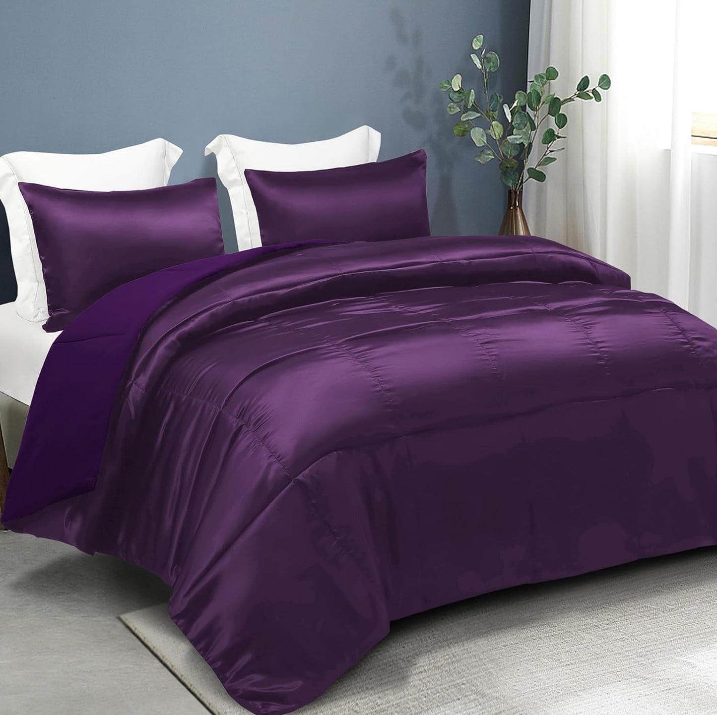 Whale Flotilla 2-Piece Reversible King Size Silk Comforter Set/Bedding Set, Soft Satin Comforter with 1 Satin Pillowcases, Lightweight Duvet Set for All Seasons, Black