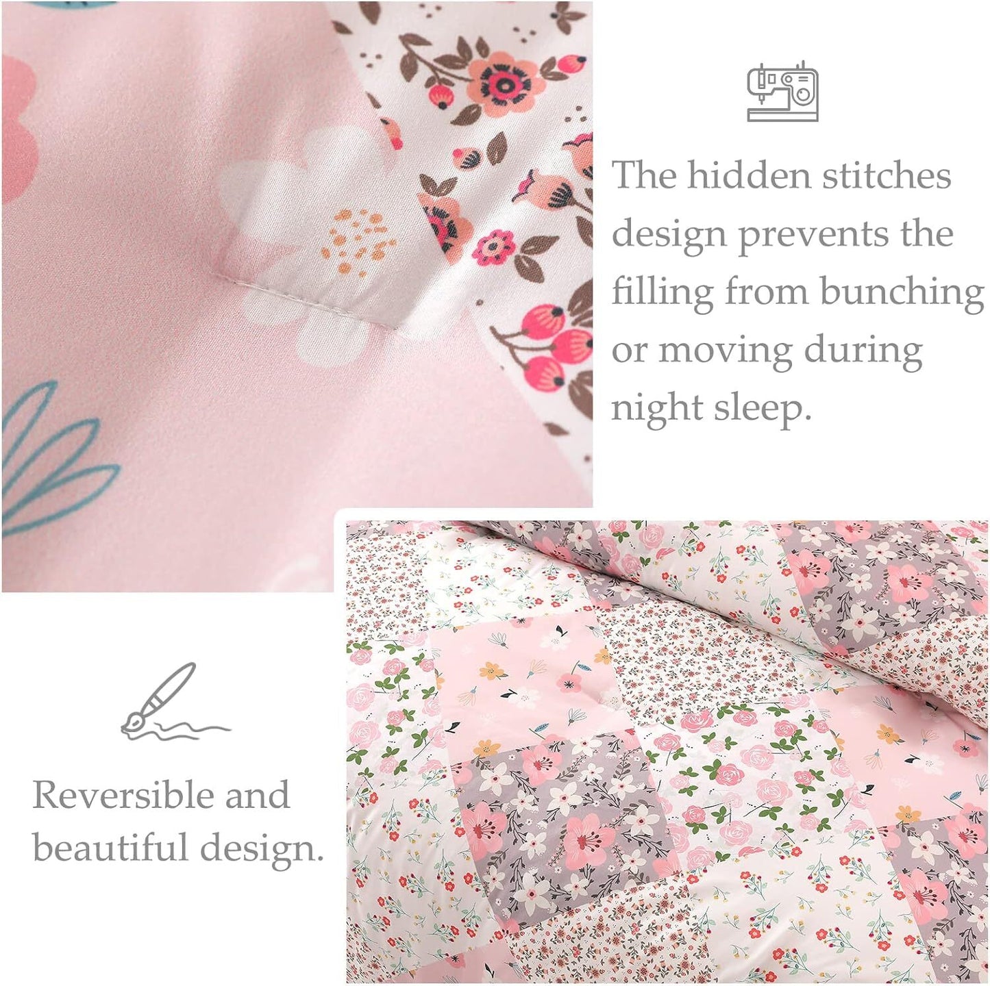 Whale Flotilla 3-Piece Queen Comforter Set, Soft Reversible Full Size Bedding Comforter Sets, Patchwork Printed Down Alternative Comforter Duvet for All Seasons, Pink