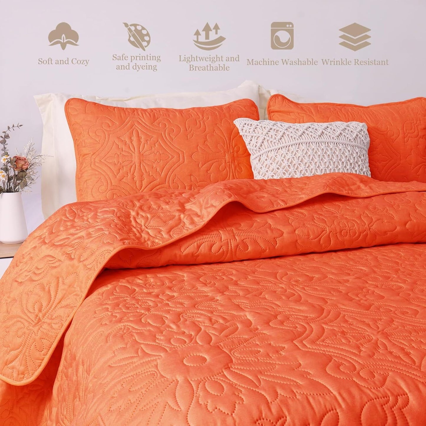 Whale Flotilla 2-Piece Twin Quilt Set, Soft Embossed Bedding Set, Lightweight Bedspread Coverlet with Damask Vintage Pattern, Reversible Bed Cover for All Seasons, Burnt Orange