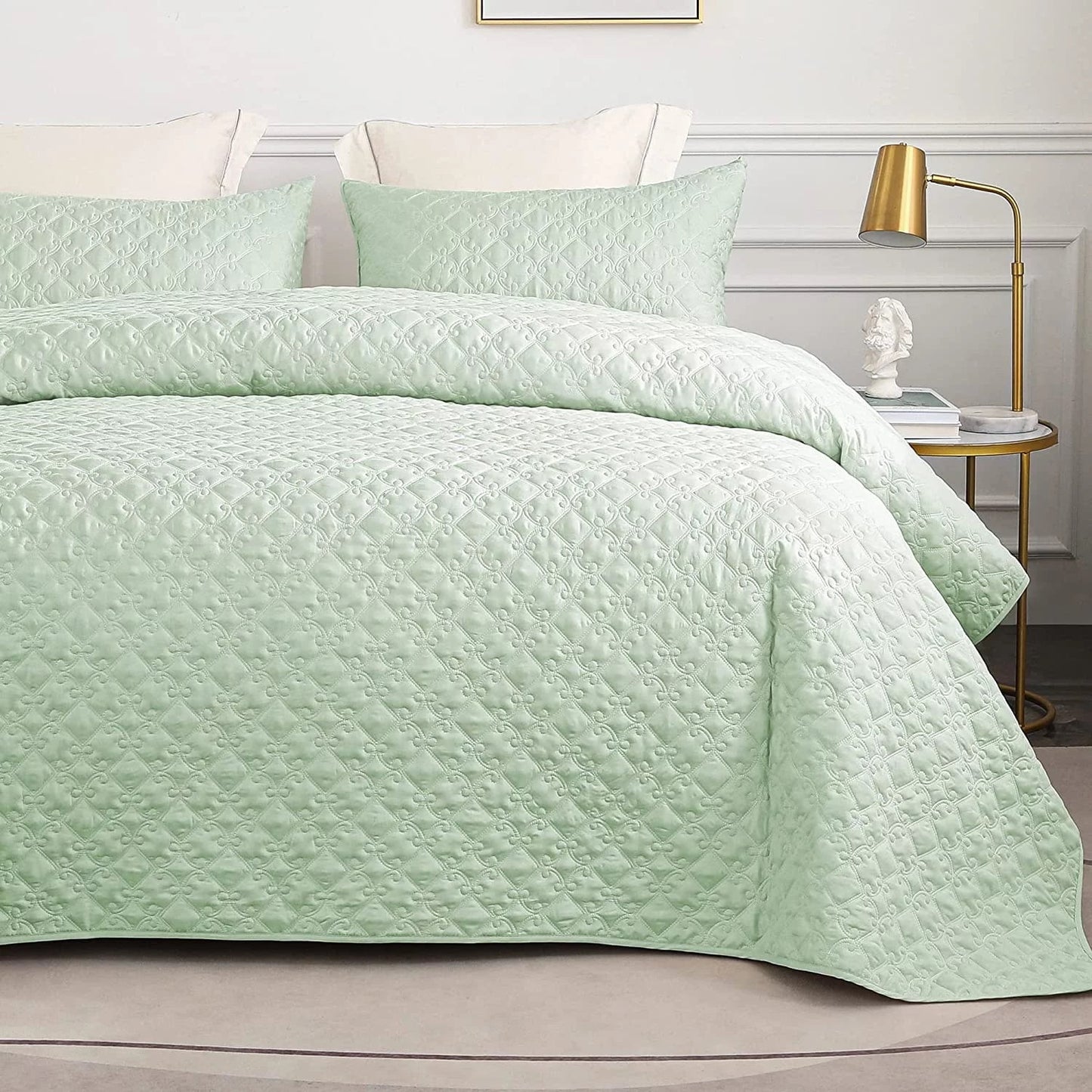 Whale Flotilla Quilt Set Twin Size, Soft Microfiber Lightweight Bedspread Coverlet Bed Cover (Diamond Pattern) for All Seasons, Light Aqua, 2 Pieces (Includes 1 Quilt, 1 Sham)