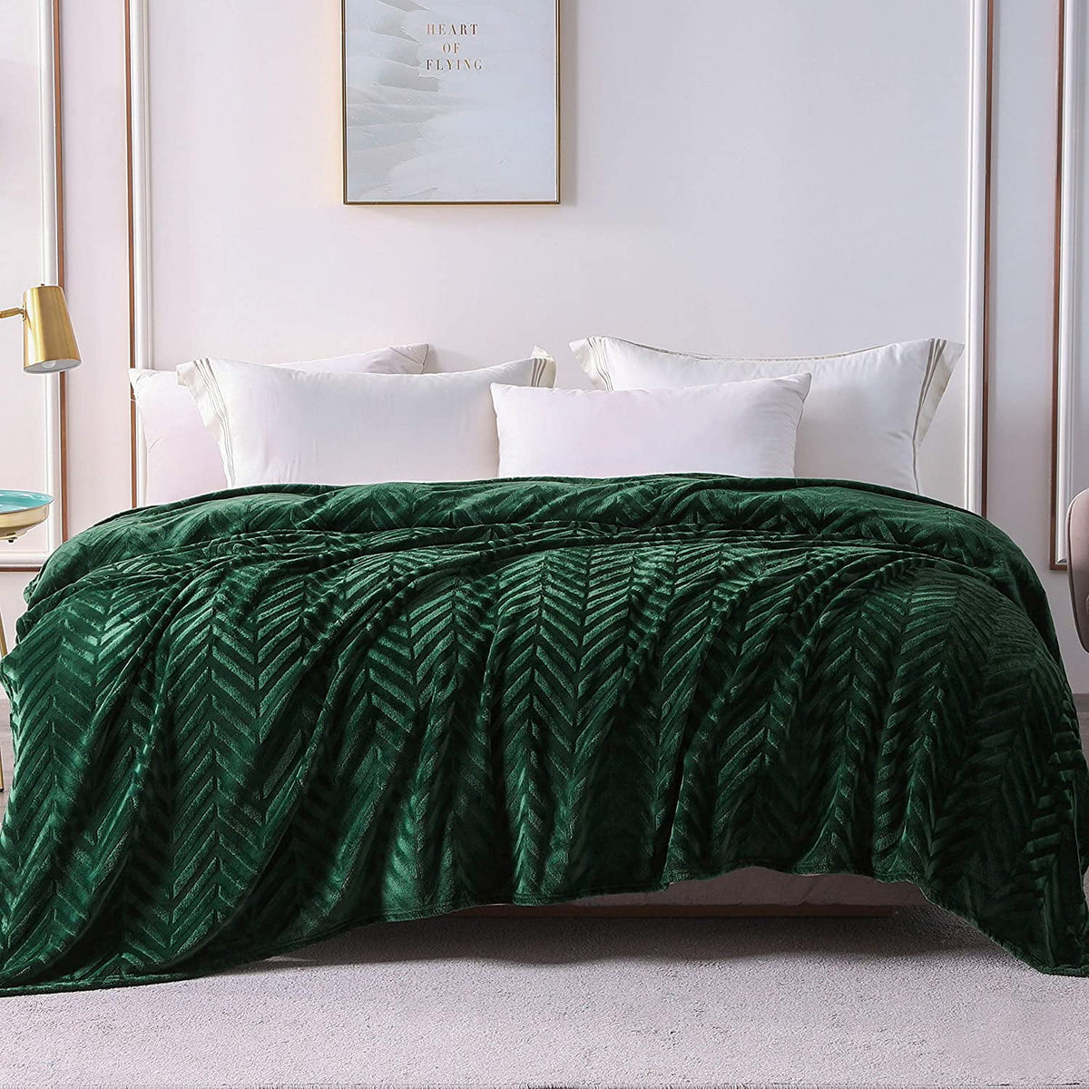 Whale Flotilla Flannel Fleece Twin-XL Size 90x66 Inch Bed Blanket, Soft Velvet Lightweight Bedspread Plush Fluffy Coverlet Chevron Design Decorative Blanket for All Season, Deep Green