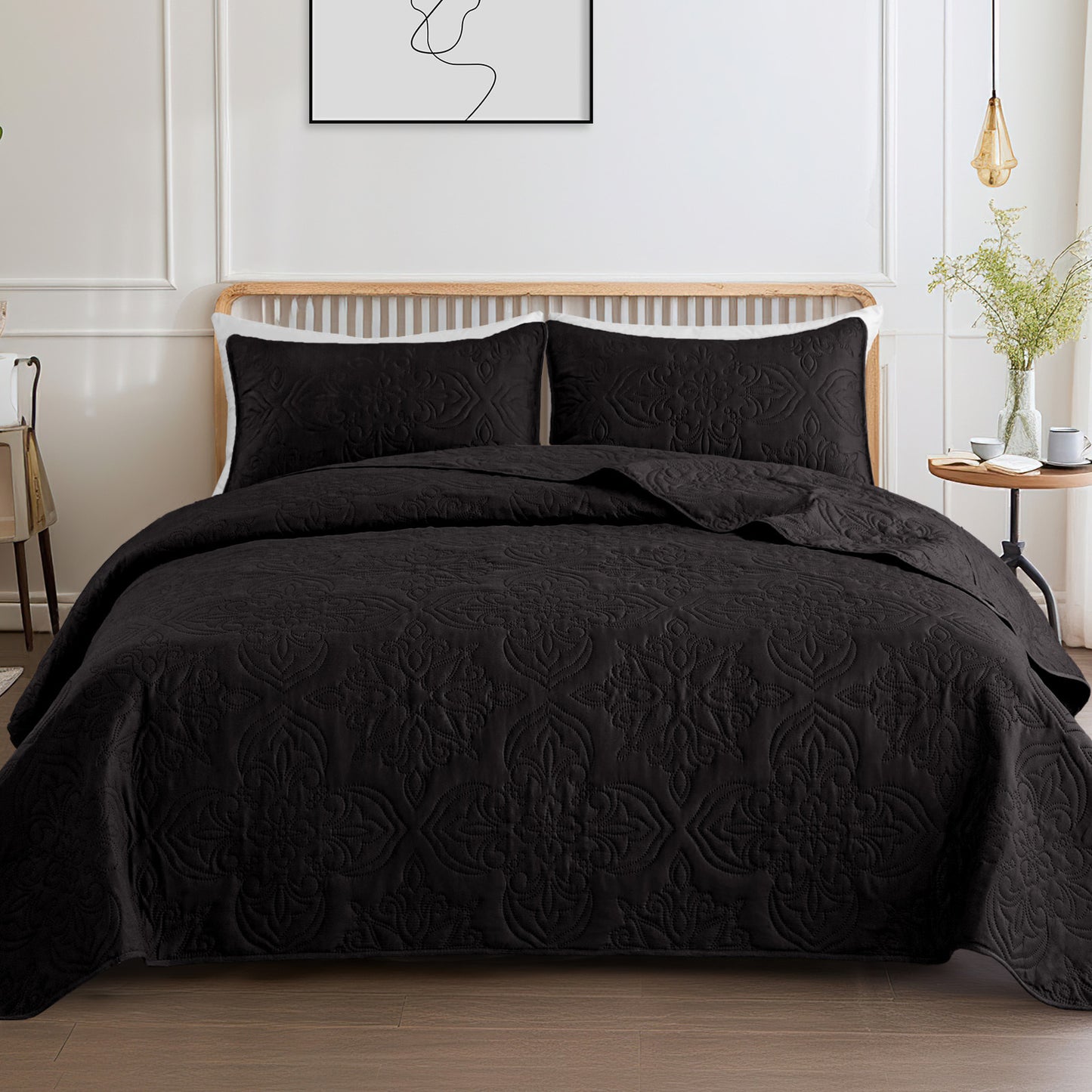 Whale Flotilla Soft Queen Quilt Bedding Set for All Seasons, Vintage Damask Ultrasonic Full Size Quilts Set, Lightweight Reversible Bedspread, Coverlet, Bed Cover with 2 Pillow Shams, Black