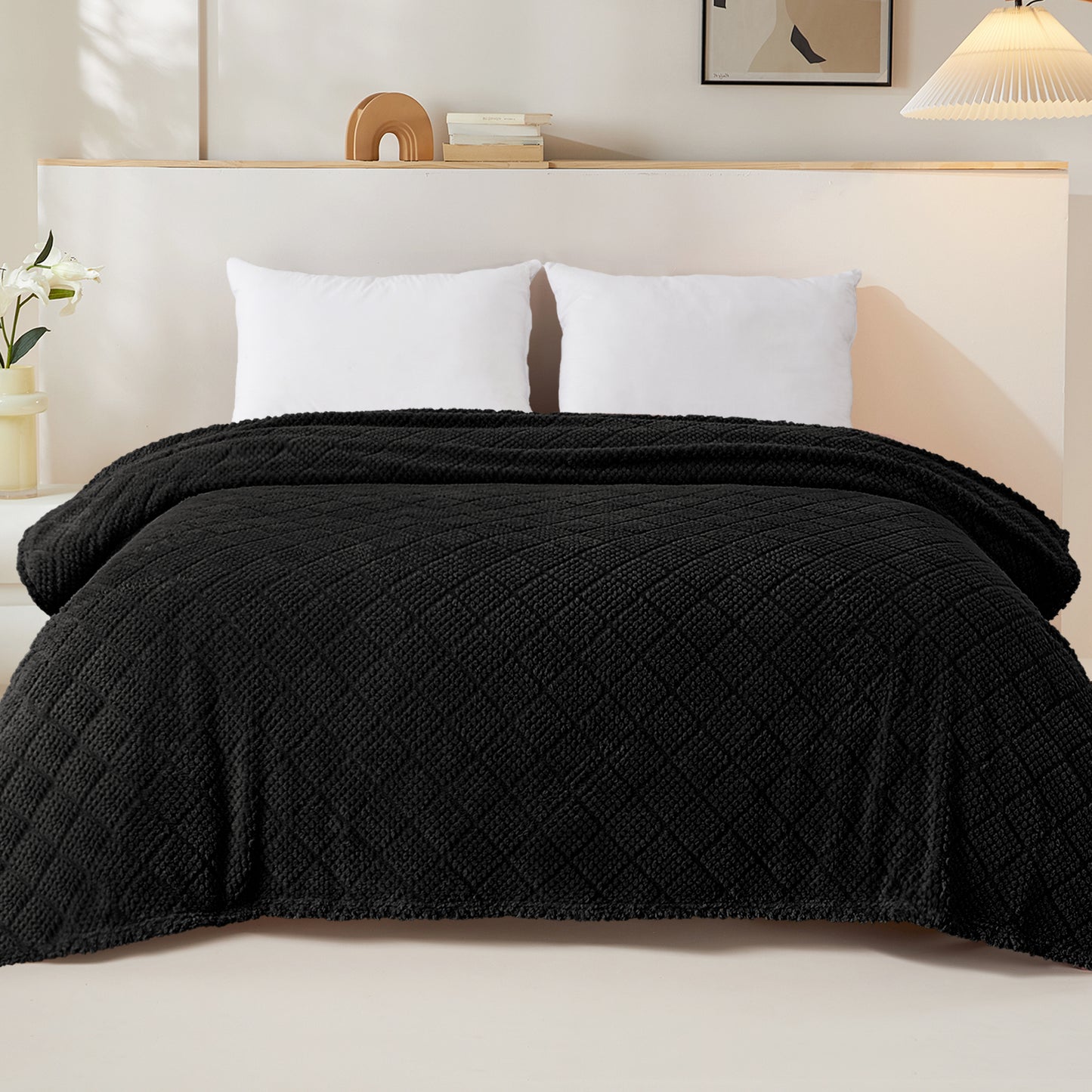 Whale Flotilla Fuzzy Fleece Twin Size Blanket for Bed, Soft Fluffy Jacquard Waffle Blankets for All Season, Lightweight and Warm, 60x80 Inch, Black