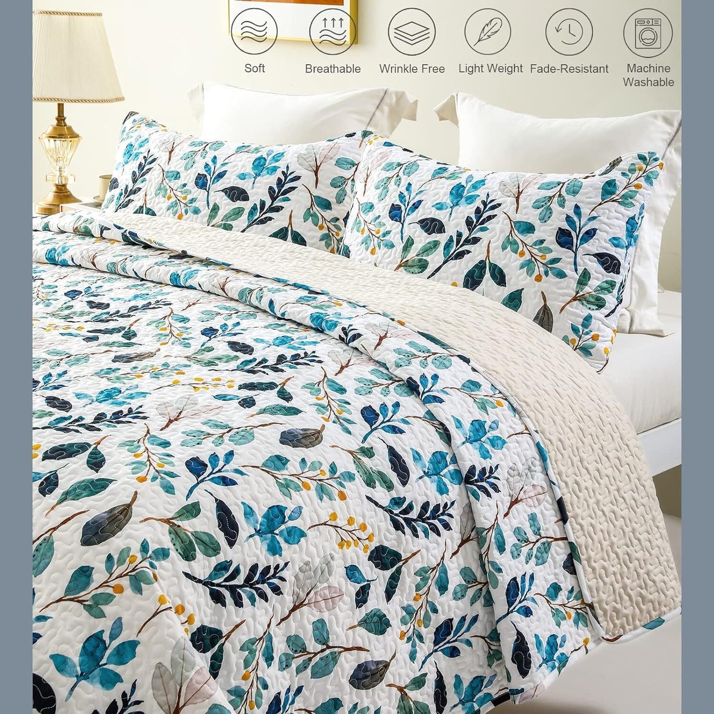 Whale Flotilla Reversible Floral Quilt Set California King Size, Lightweight Boho Printed Bedspreads Coverlets Quilts Bedding Set with 2 Pillow Shams for All Seasons, White/Navy