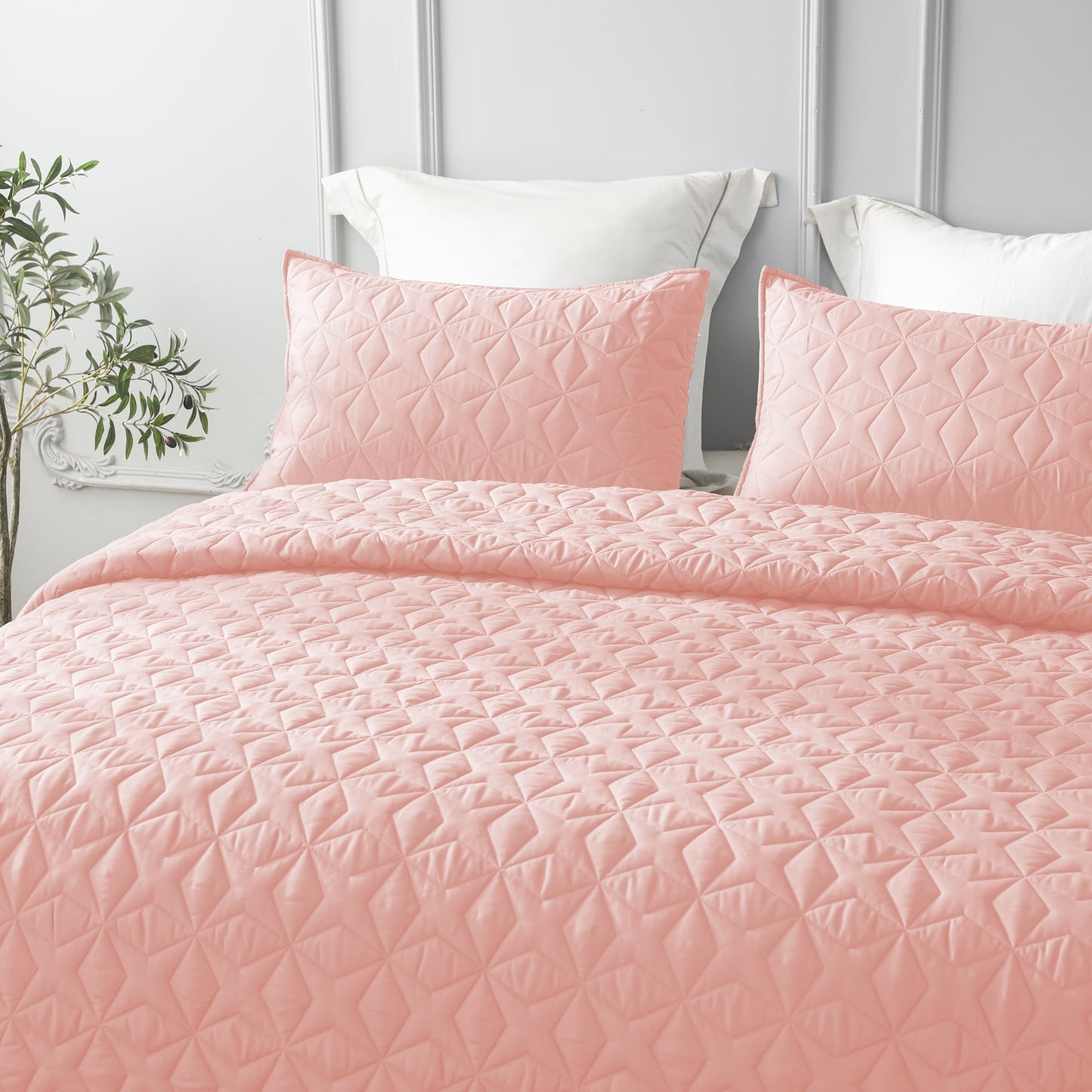 Whale Flotilla Quilt Set Twin Size, Soft Microfiber Lightweight Bedspread Coverlet Bed Cover (Star Pattern) for All Seasons, Pink, 2 Pieces (Includes 1 Quilt, 1 Sham)?-