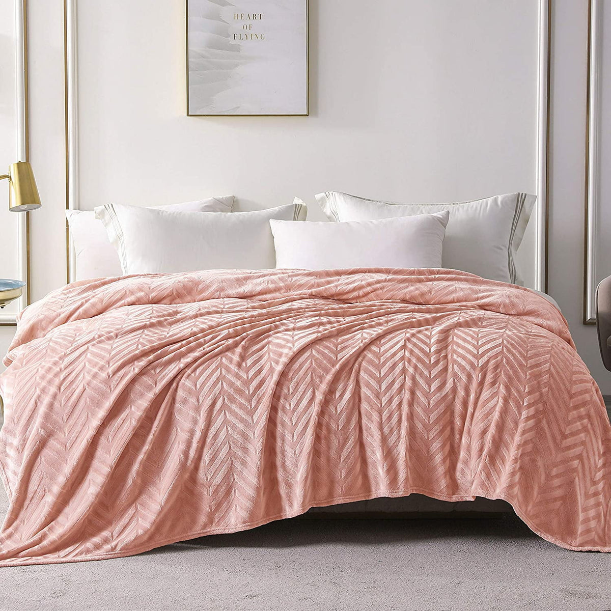 Whale Flotilla Flannel Fleece Queen Size 90x90 Inch Bed Blanket, Soft Velvet Lightweight Bedspread Plush Fluffy Coverlet Chevron Design Decorative Blanket for All Season, Pink