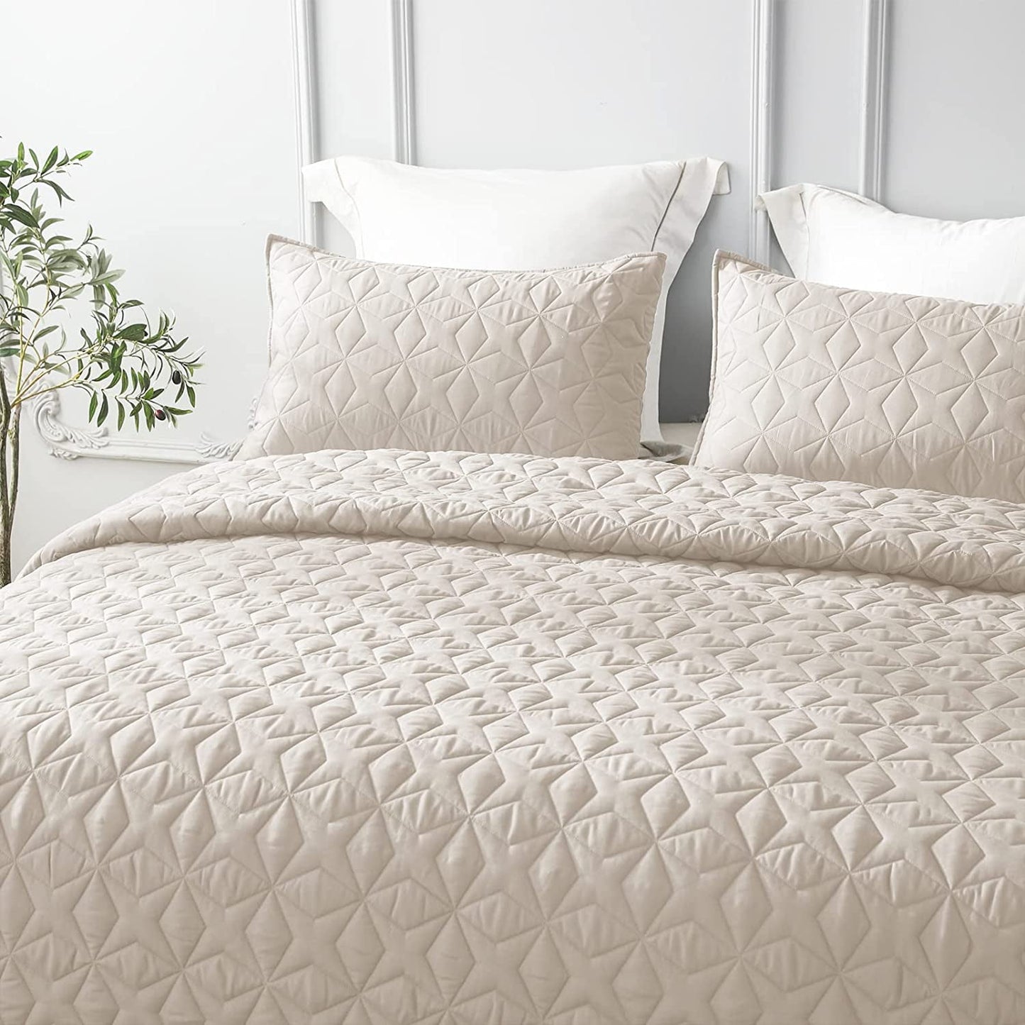 Whale Flotilla Quilt Set Queen Size, Soft Microfiber Lightweight Bedspread Coverlet Bed Cover (Star Pattern) for All Seasons, Brich Beige, 3 Pieces (Includes 1 Quilt, 2 Shams)