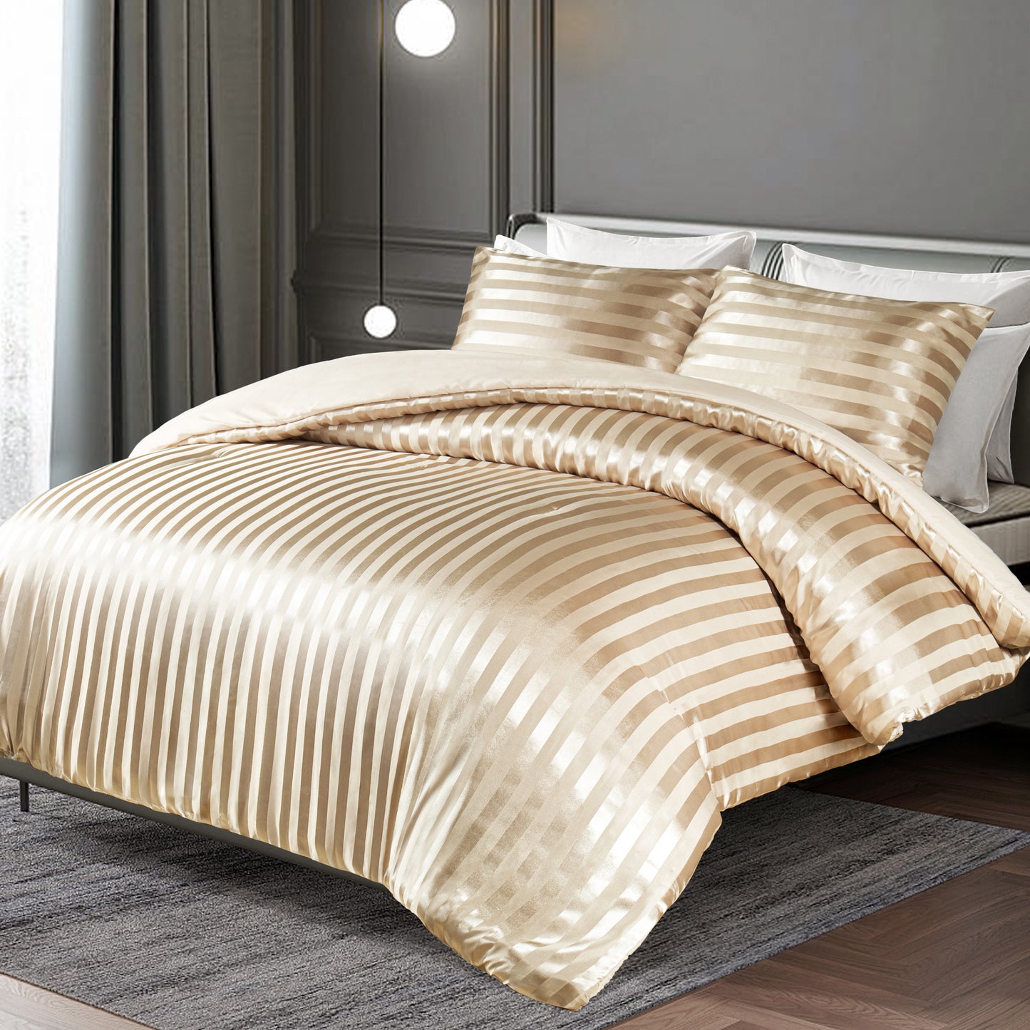 Whale Flotilla 3-Piece Reversible Silky Soft Queen Comforter Set, Luxury Stripe Satin Comforters Full Size Bedding Set with 2 Satin Pillowcases, Lightweight Duvet for All Seasons, Champagne