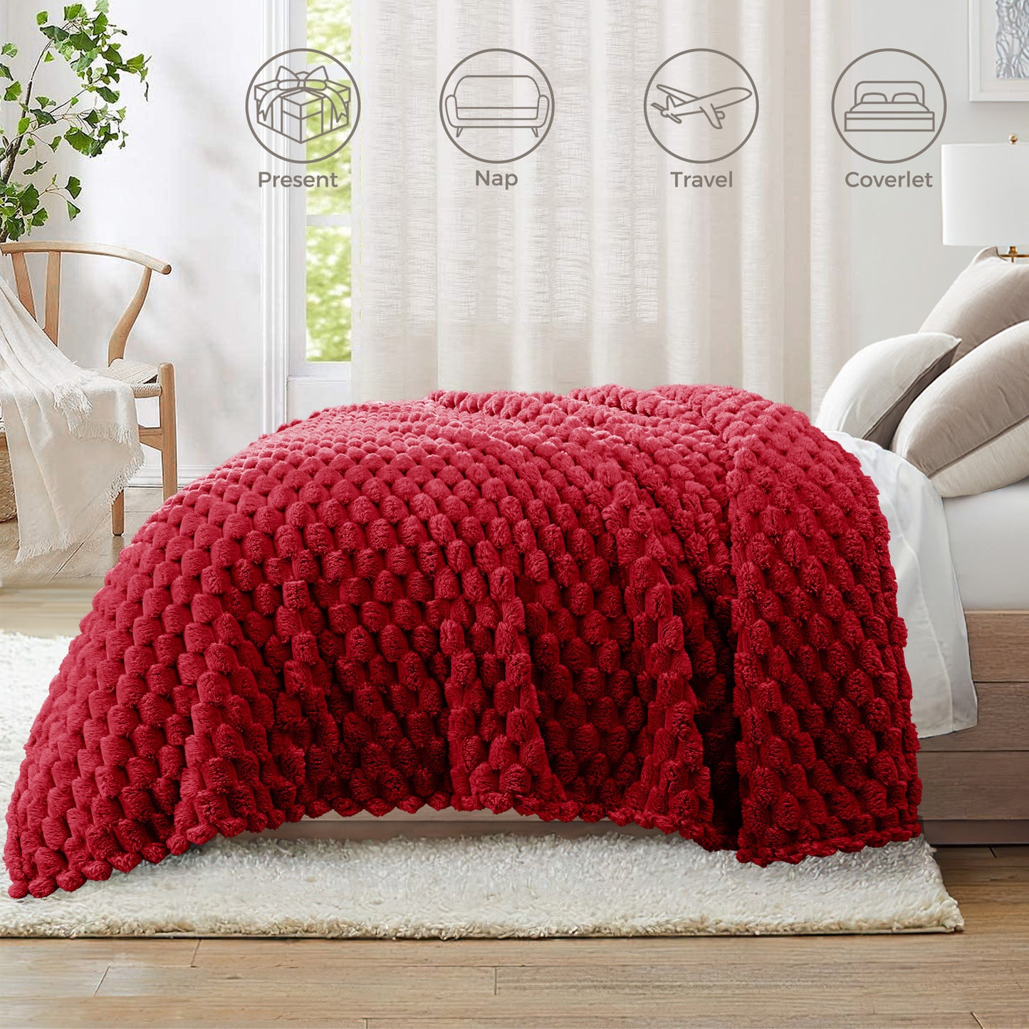 Whale Flotilla Throw Blanket for Couch with Expanded 3D-Jacquard Pattern, Fuzzy Soft Cozy Exquisite Blankets or All Season, Warm and Fluffy, 50x60 Inch,Red