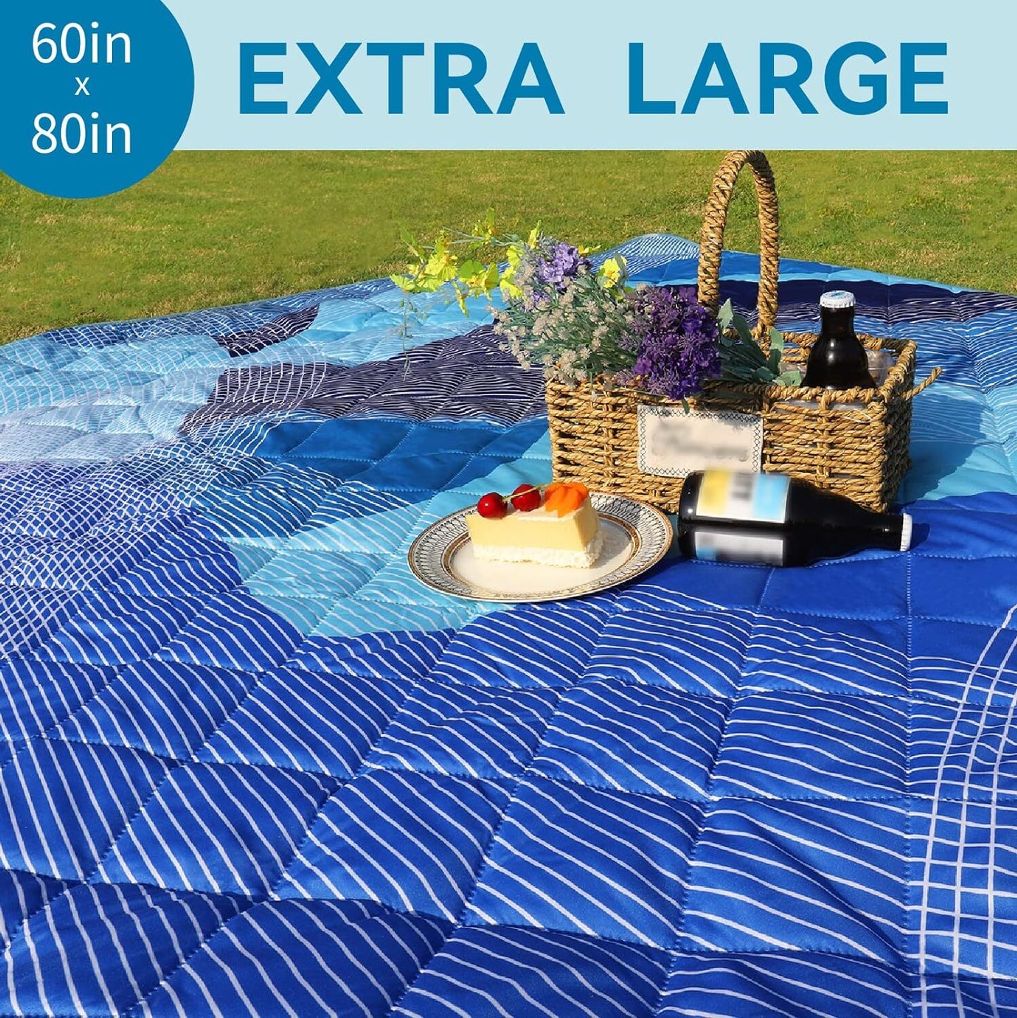 Whale Flotilla Extra Large Outdoor Picnic Blanket (60 ̄x80 ̄), Waterproof Wear-resistant Beach Blanket, Foldable Handy Mat Tote Spring Summer Great for Camping and Park, Blue