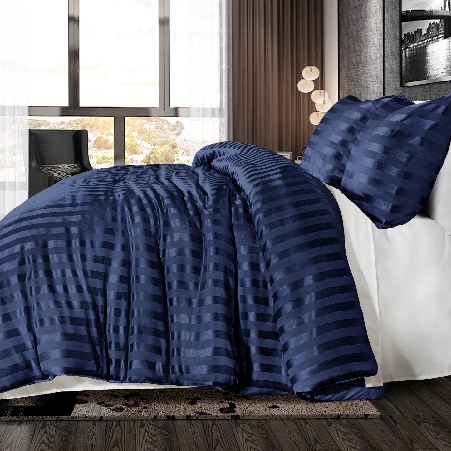 Whale Flotilla 3-Piece Reversible Silky Soft King Size Comforter Set, Luxury Stripe Satin Oversized Comforter Bedding Set with 2 Satin Pillowcases, Lightweight Duvet for All Seasons, Navy