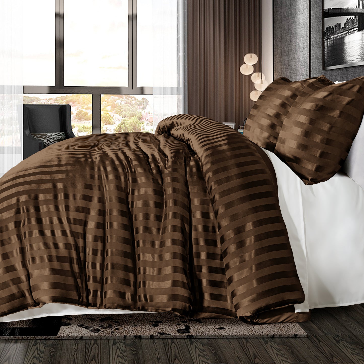 Whale Flotilla 3-Piece Reversible Silky Soft King Size Comforter Set, Luxury Stripe Satin Oversized Comforter Bedding Set with 2 Satin Pillowcases, Lightweight Duvet Set for All Seasons, Brown