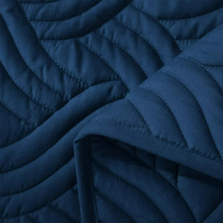 Whale Flotilla Quilt Set Queen Size, Soft Microfiber Lightweight Bedspread Coverlet Bed Cover (Wave Pattern) for All Seasons,Navy, 3 Pieces (Includes 1 Quilt, 2 Shams)