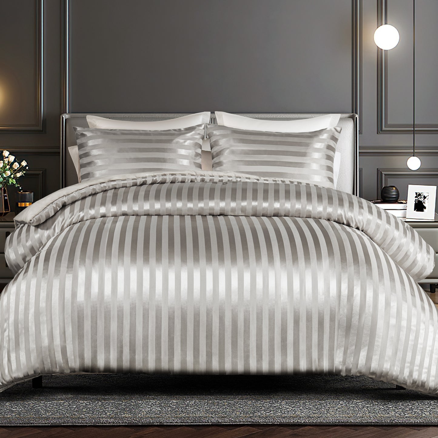 Whale Flotilla 2-Piece Reversible Silky Soft Twin Size Comforter Set, Luxury Stripe Satin Comforter Bedding Set with Satin Pillowcase, Lightweight Duvet for All Seasons, Grey