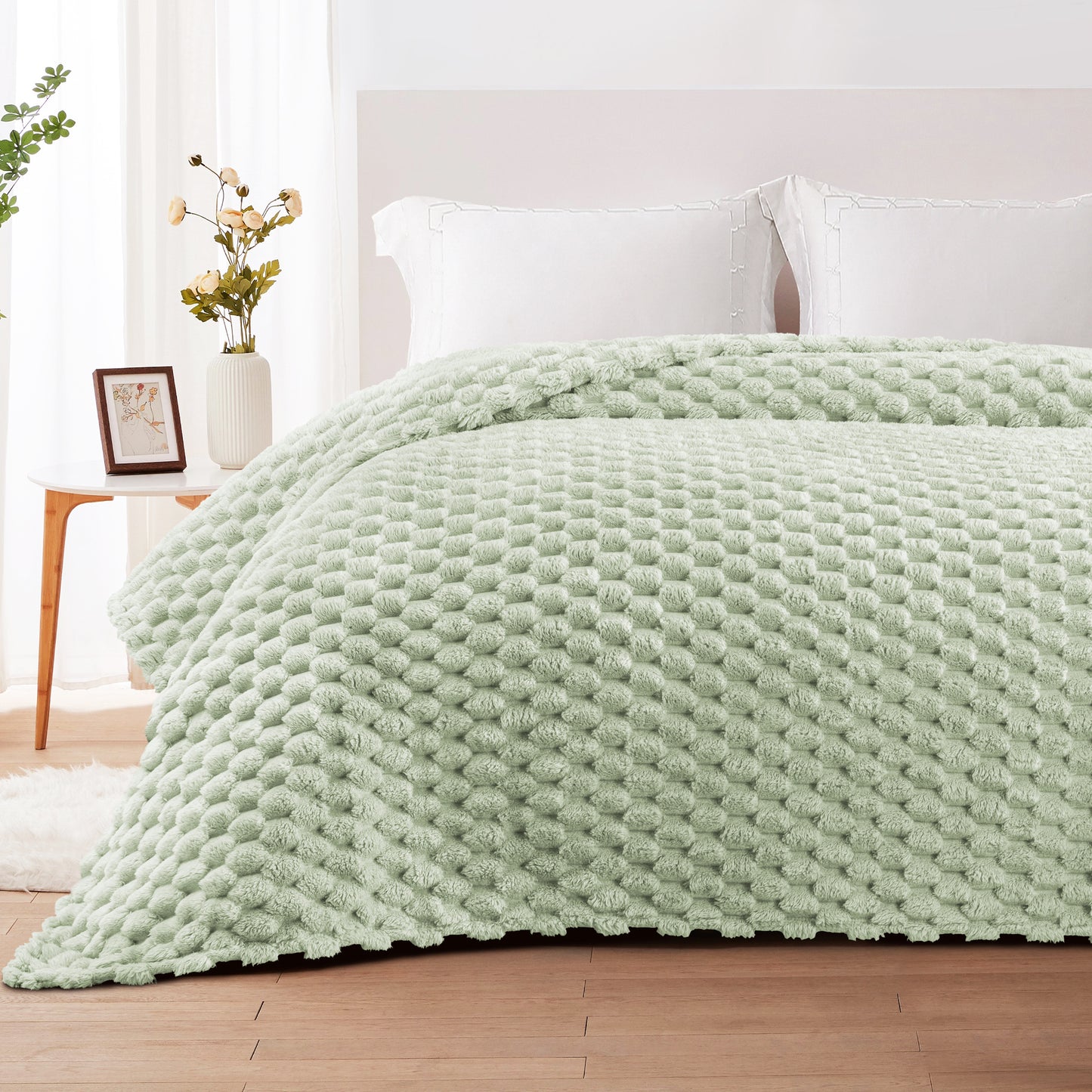 Whale Flotilla Twin Size Blanket for Bed with Expanded 3D-Jacquard Pattern, Fuzzy Soft Cozy Exquisite Blankets or All Season, Warm and Fluffy, 60x80 Inch, Sage Green