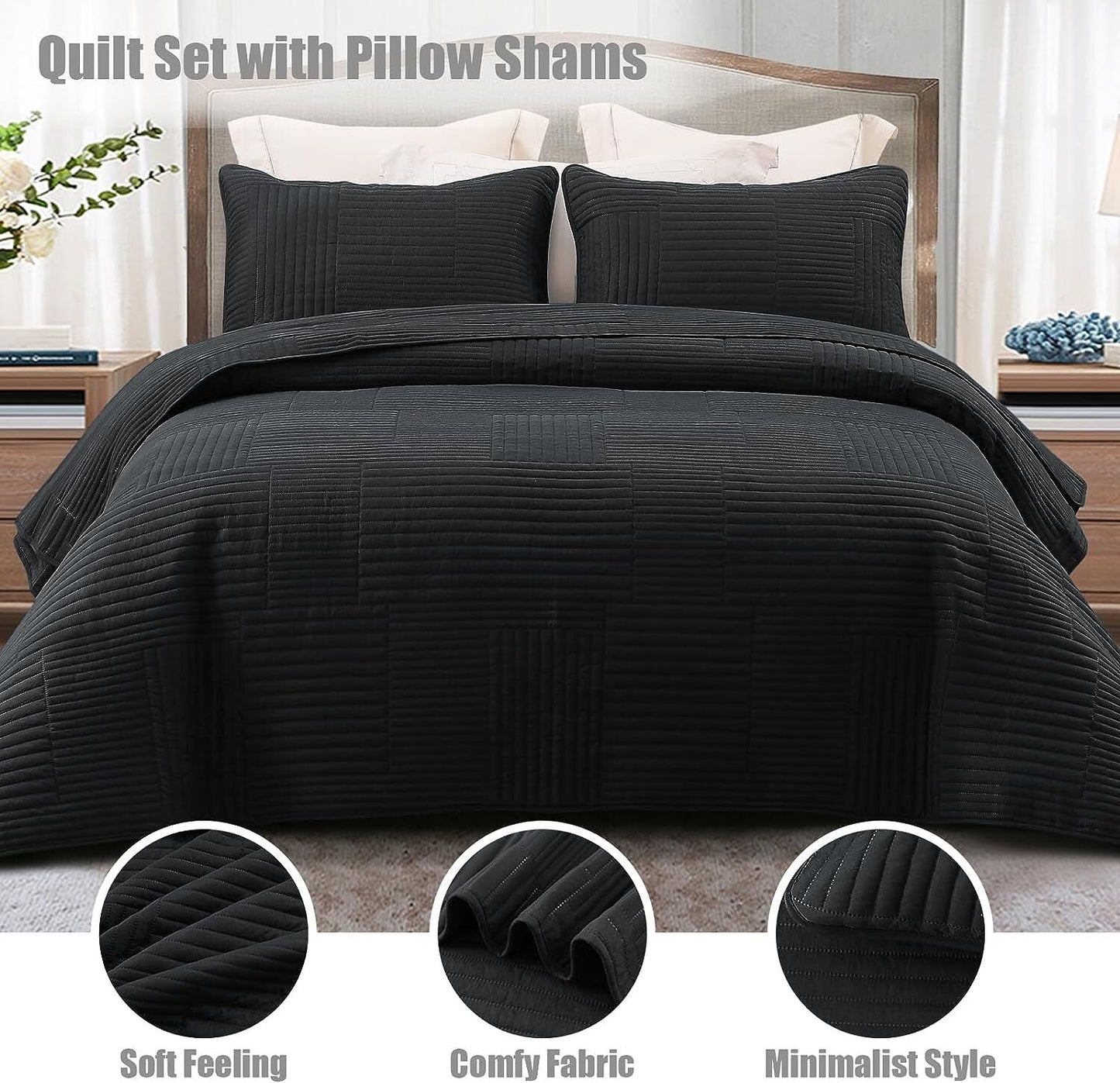 Whale Flotilla Twin Quilt Set, Soft and Lightweight Bedspreads Coverlet with Striped Pattern, Bedding Sets with Pillow Sham, Reversible Bed Cover for All Seasons, 68x88 Inches, Black Grid