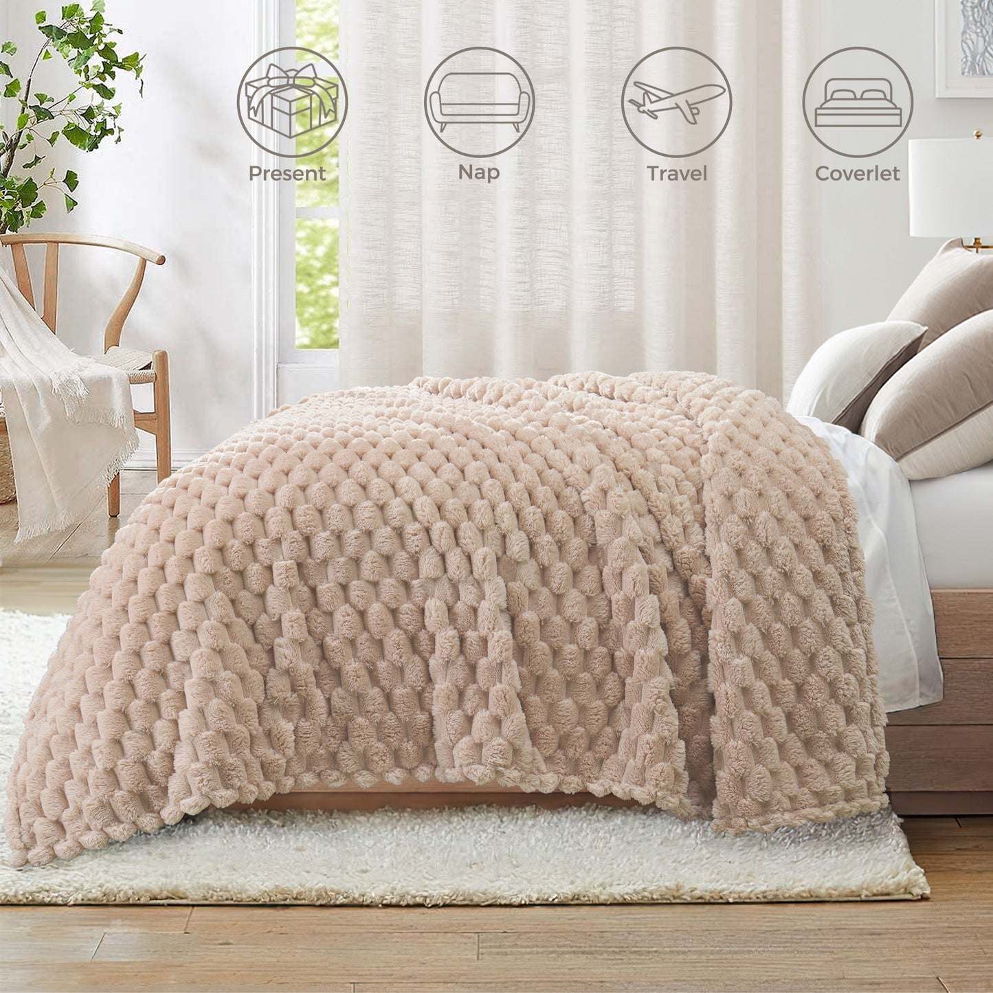 Whale Flotilla Throw Blanket for Couch with Expanded 3D-Jacquard Pattern, Fuzzy Soft Cozy Exquisite Blankets or All Season, Warm and Fluffy, 50x60 Inch,Camel