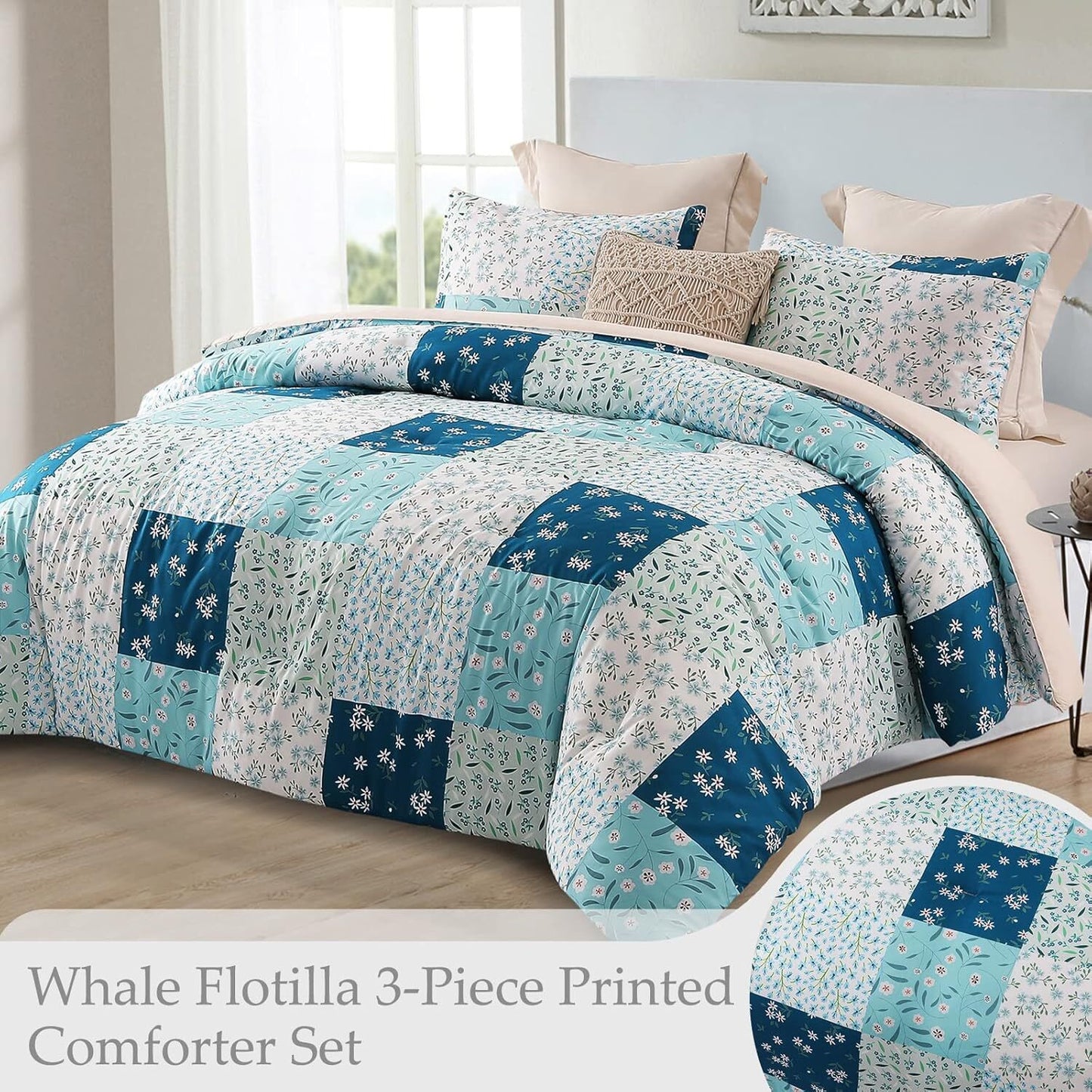 Whale Flotilla 3-Piece King Comforter Set, Soft Reversible Bedding Comforter Sets, Patchwork Printed Down Alternative Comforter Duvet for All Seasons, Blue