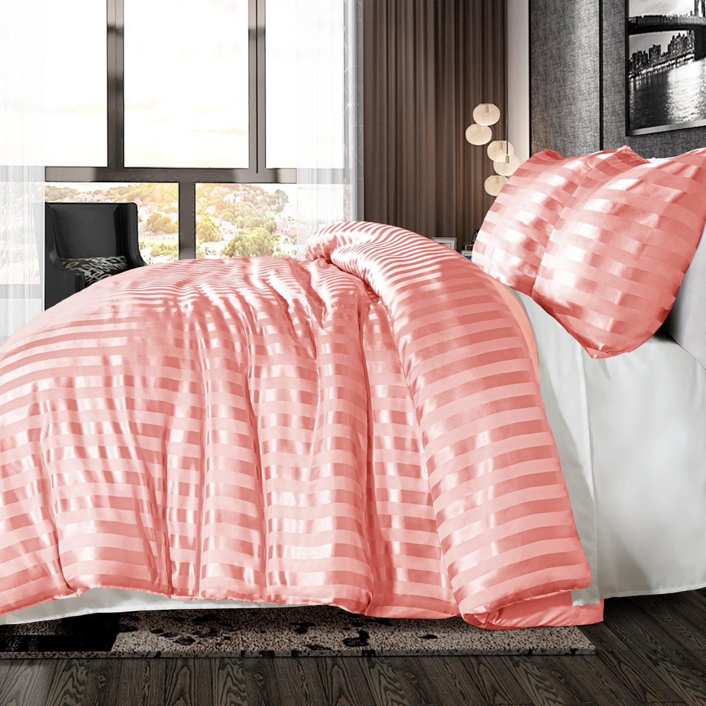 Whale Flotilla 3-Piece Reversible Silky Soft King Size Comforter Set, Luxury Stripe Satin Oversized Comforter Bedding Set with 2 Satin Pillowcases, Lightweight Duvet for All Seasons, Pink