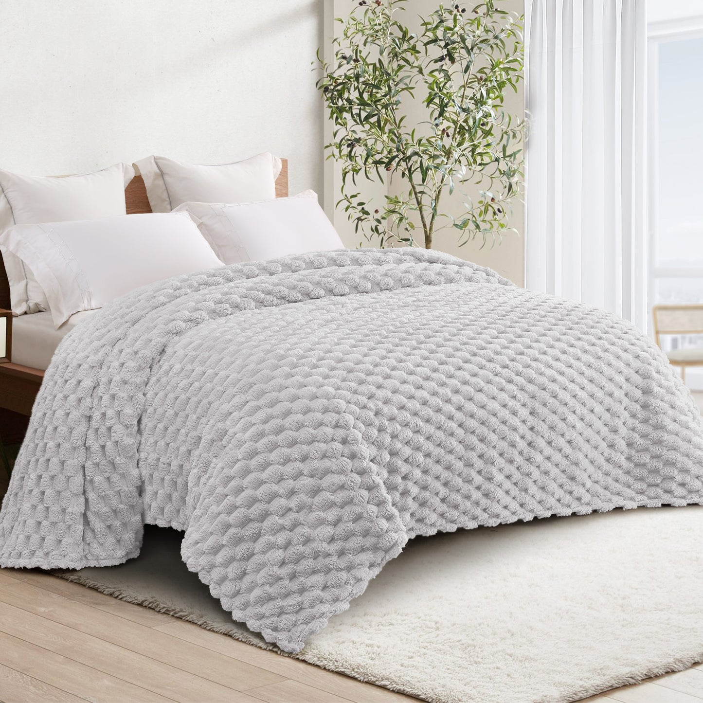 Whale Flotilla Twin Size Blanket for Bed with Expanded 3D-Jacquard Pattern, Fuzzy Soft Cozy Exquisite Blankets or All Season, Warm and Fluffy, 60x80 Inch, Light Grey