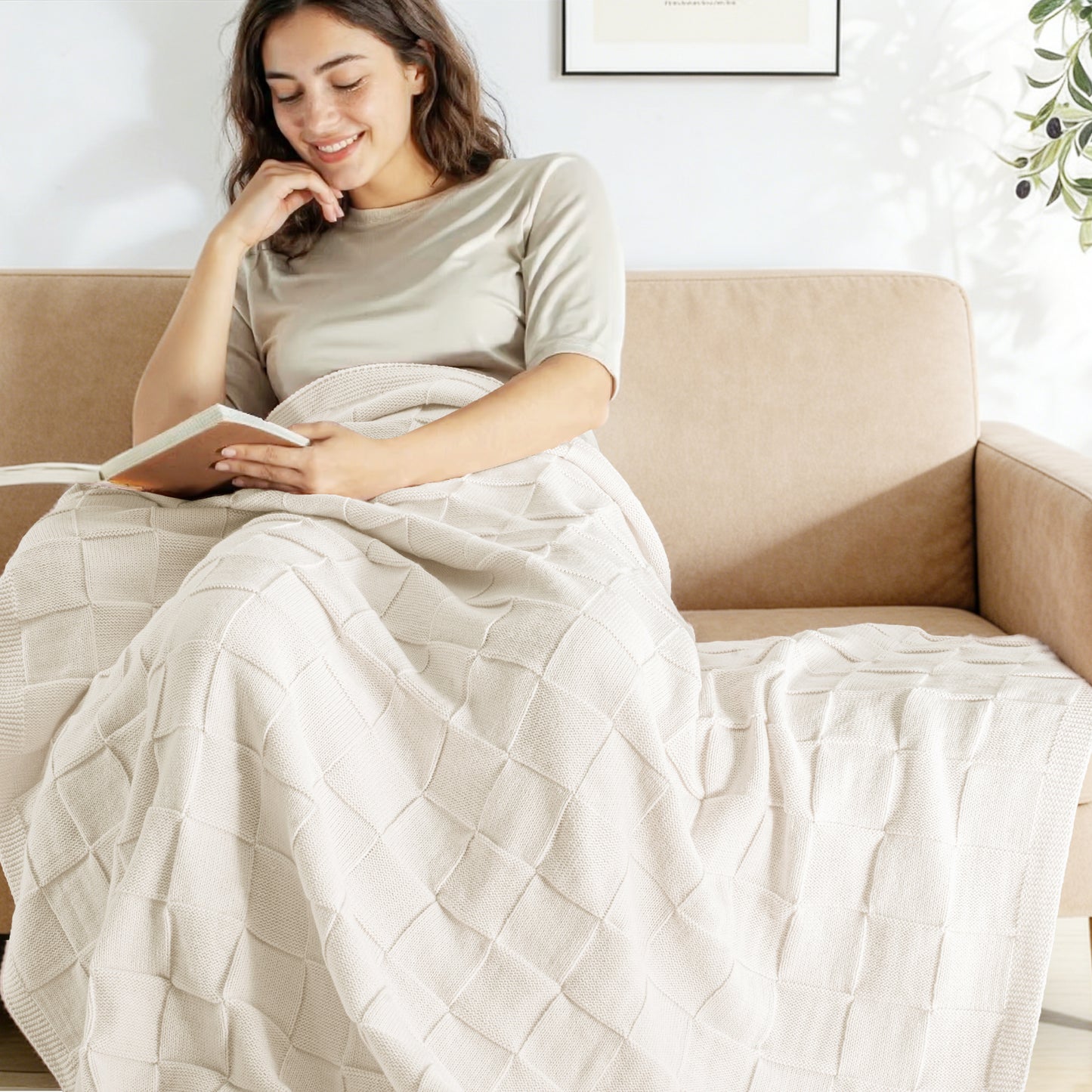 Whale Flotilla Knit Throw Blanket for Couch, Soft Fuzzy Decorative Knitted Blanket for Sofa Bed, Lightweight Cozy Warm Throws, 60x80 Inch, White