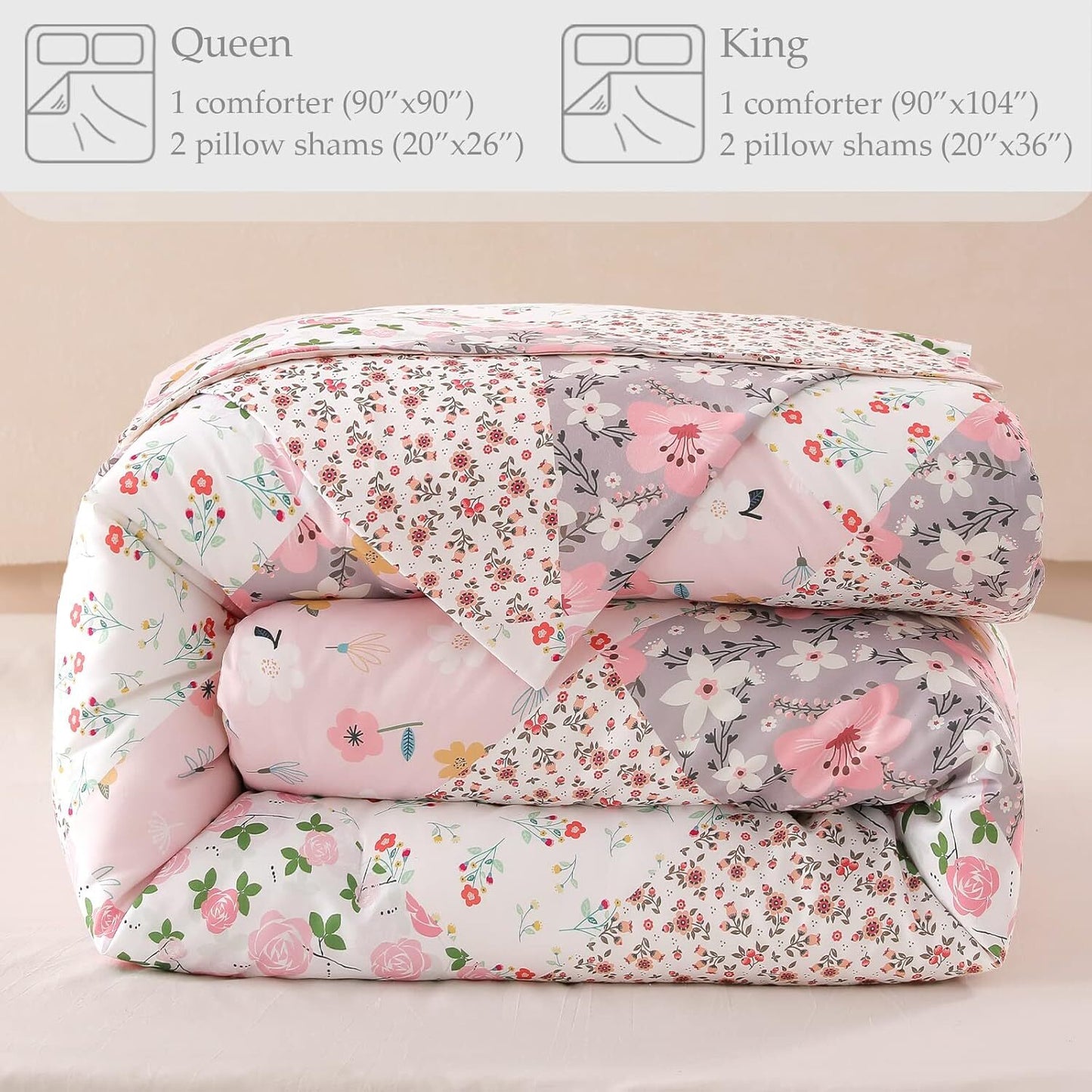 Whale Flotilla 3-Piece Queen Comforter Set, Soft Reversible Full Size Bedding Comforter Sets, Patchwork Printed Down Alternative Comforter Duvet for All Seasons, Pink