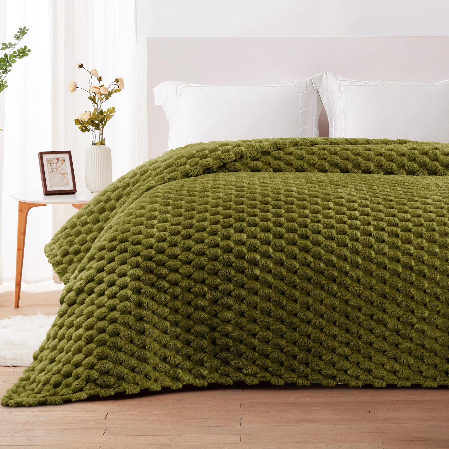 Whale Flotilla Twin Size Blanket for Bed with Expanded 3D-Jacquard Pattern, Fuzzy Soft Cozy Exquisite Blankets or All Season, Warm and Fluffy, 60x80 Inch, Olive