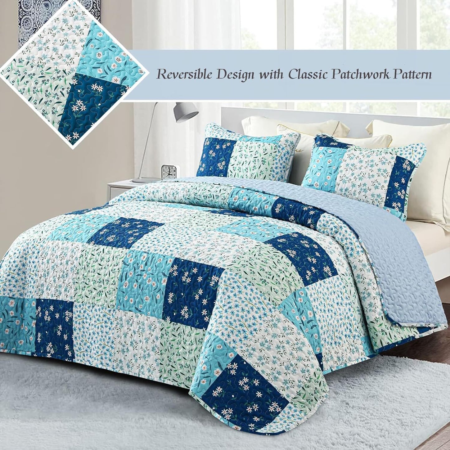 Whale Flotilla Reversible Quilts with Plaid Patchwork Pattern?Full/Queen Size Lightweight Bedspreads including 2 Pillow Shams