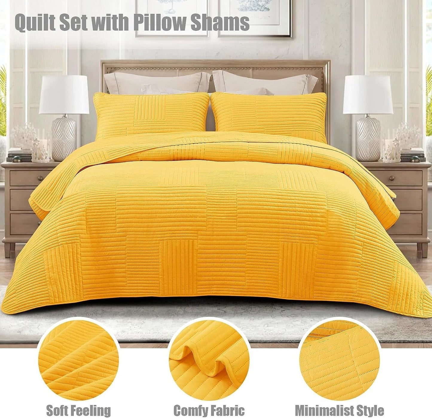 Whale Flotilla Twin Quilt Set, Soft and Lightweight Bedspreads Coverlet with Striped Pattern, Bedding Sets with Pillow Sham, Reversible Bed Cover for All Seasons, 68x88 Inches, Yellow Grid