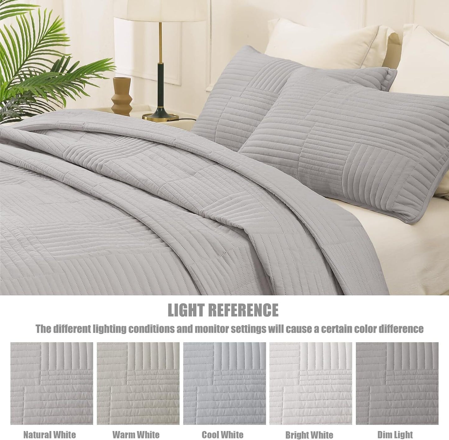 Whale Flotilla Twin Quilt Set, Soft Lightweight Quilts Bedspreads Coverlet with Striped Pattern, Bedding Sets with Pillow Sham, Reversible Bed Cover for All Seasons, 68x88 Inches, Light Grey