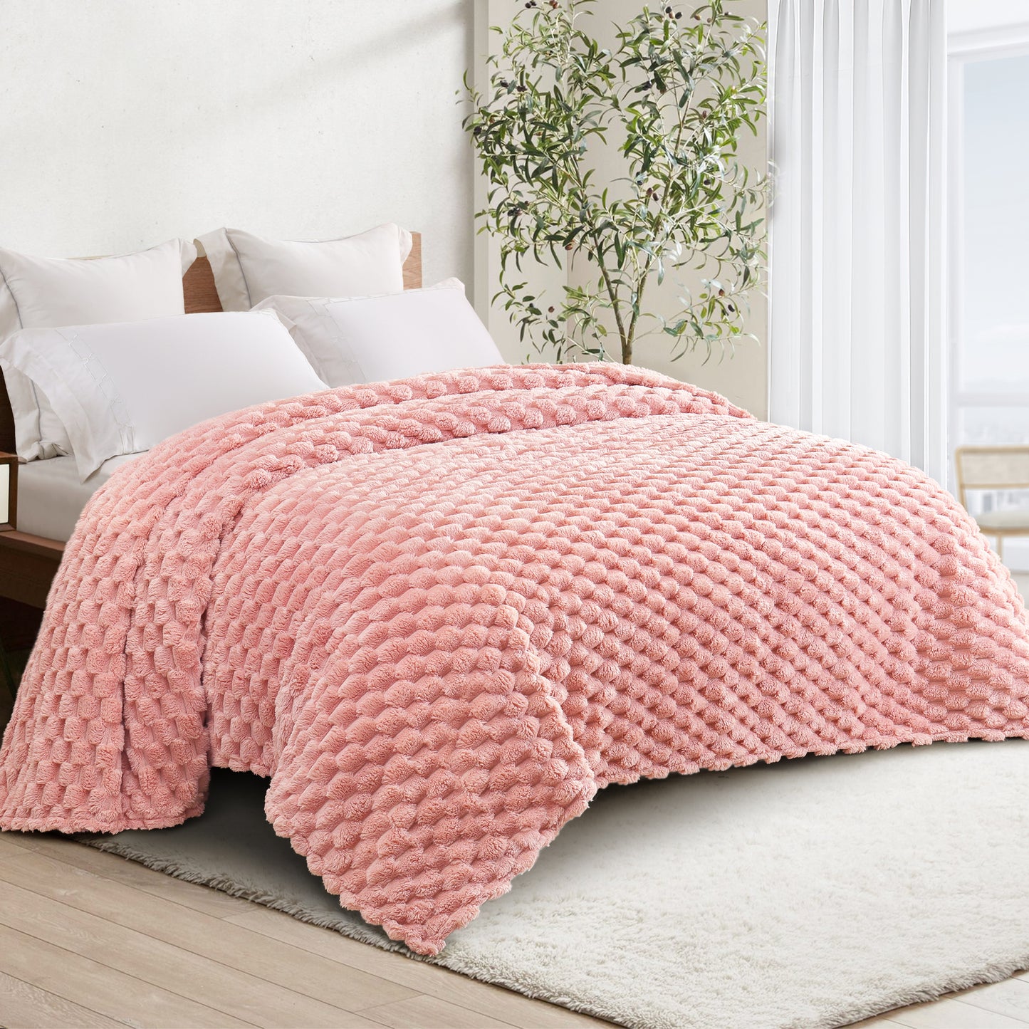 Whale Flotilla Twin Size Blanket for Bed with Expanded 3D-Jacquard Pattern, Fuzzy Soft Cozy Exquisite Blankets or All Season, Warm and Fluffy, 60x80 Inch, Pink