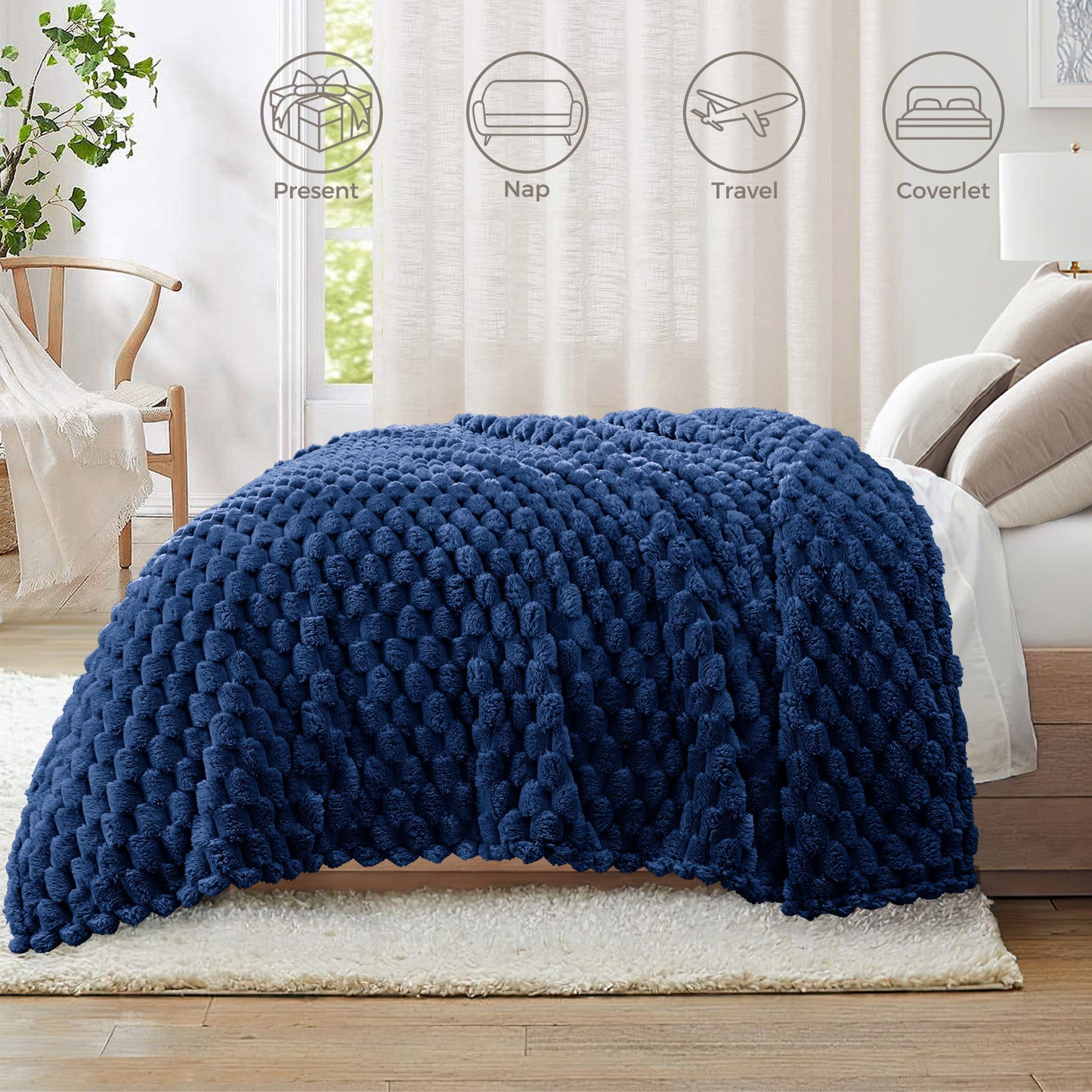 Whale Flotilla Throw Blanket for Couch with Expanded 3D-Jacquard Pattern, Fuzzy Soft Cozy Exquisite Blankets or All Season, Warm and Fluffy, 50x60 Inch,Navy Blue