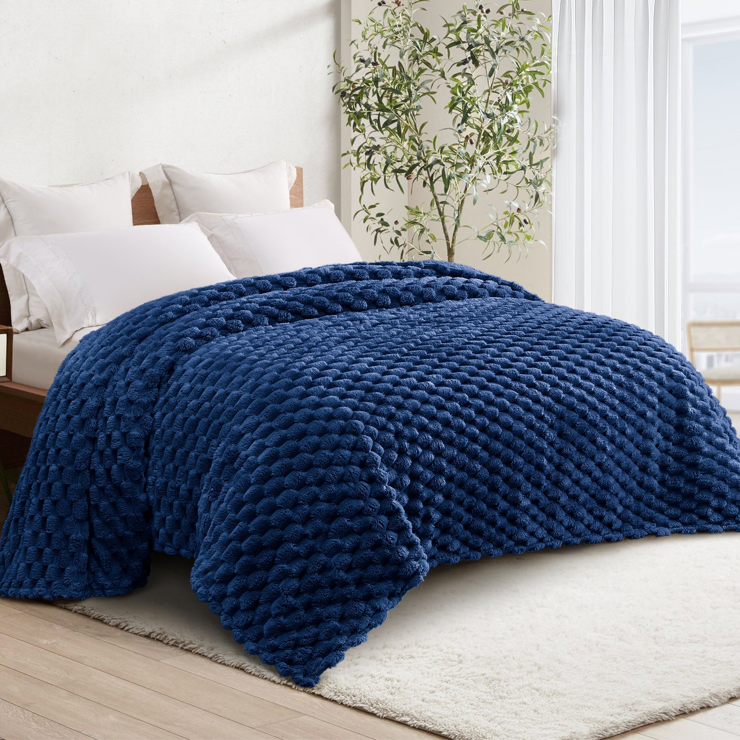Whale Flotilla Twin Size Blanket for Bed with Expanded 3D-Jacquard Pattern, Fuzzy Soft Cozy Exquisite Blankets or All Season, Warm and Fluffy, 60x80 Inch, Navy Blue