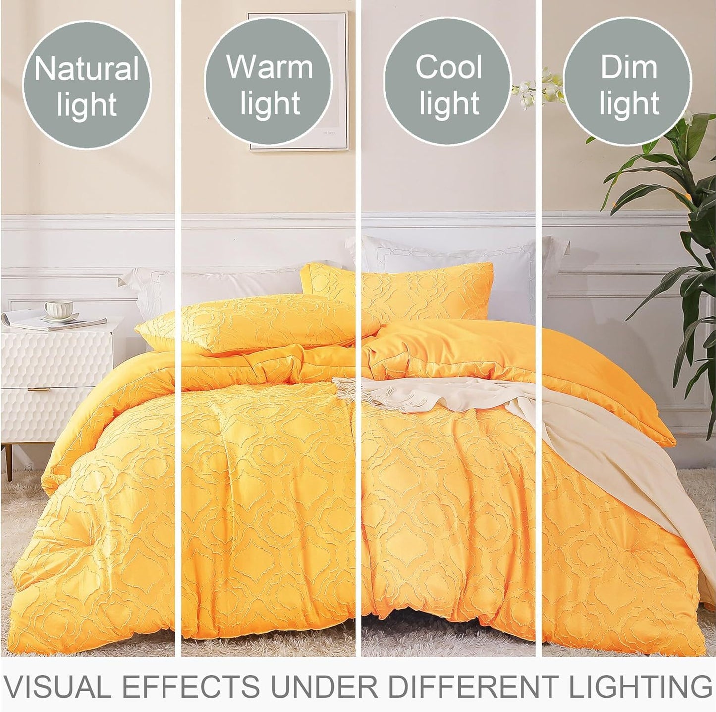 Whale Flotilla 3-Piece Tufted King Size Comforter Set, Soft Fluffy Shabby Chic Comforter for All Seasons, Farmhouse Boho Duvet Bedding Sets with 2 Pillow Shams, 90"x104", Yellow