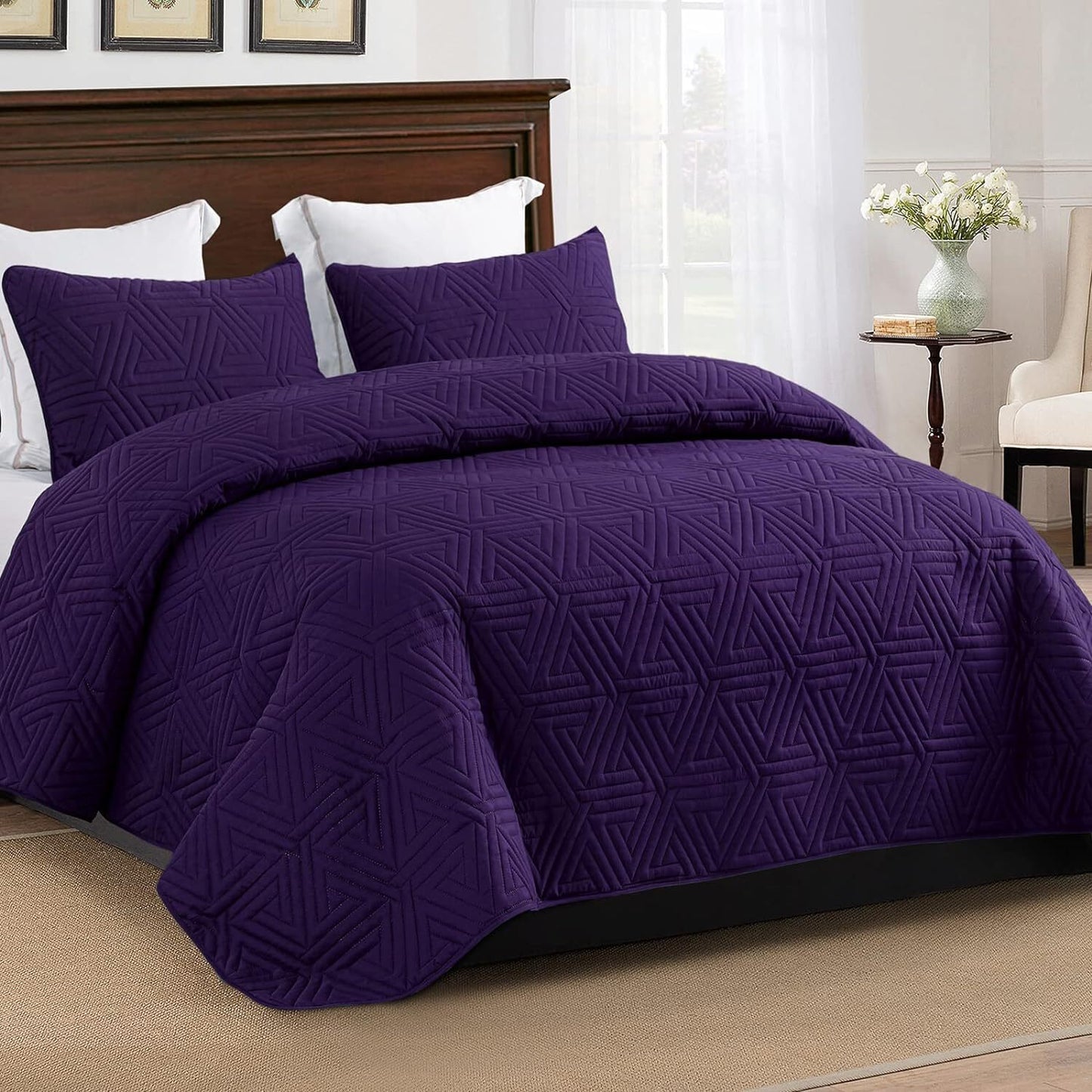 Whale Flotilla Soft Twin Size Quilt Set for All Seasons, 2-Piece Ultrasonic Geometric Bedding Set, Lightweight Reversible Bedspread, Coverlet, Bed Cover with Pillow Sham, Purple
