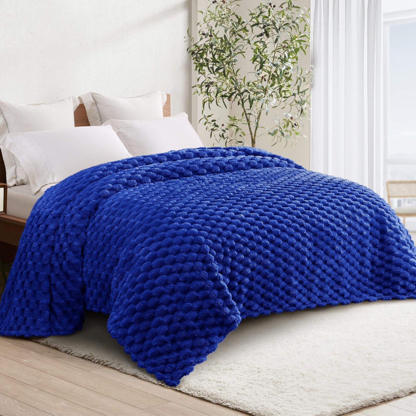 Whale Flotilla Twin Size Blanket for Bed with Expanded 3D-Jacquard Pattern, Fuzzy Soft Cozy Exquisite Blankets or All Season, Warm and Fluffy, 60x80 Inch, Blue