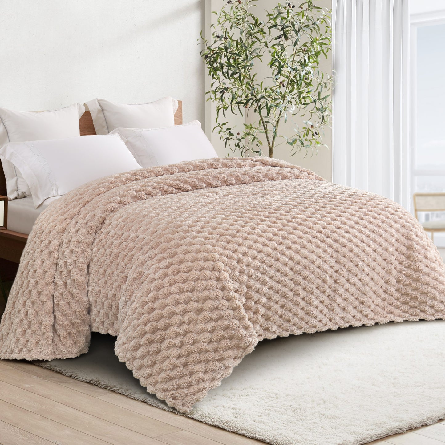 Whale Flotilla Twin Size Blanket for Bed with Expanded 3D-Jacquard Pattern, Fuzzy Soft Cozy Exquisite Blankets or All Season, Warm and Fluffy, 60x80 Inch, Camel