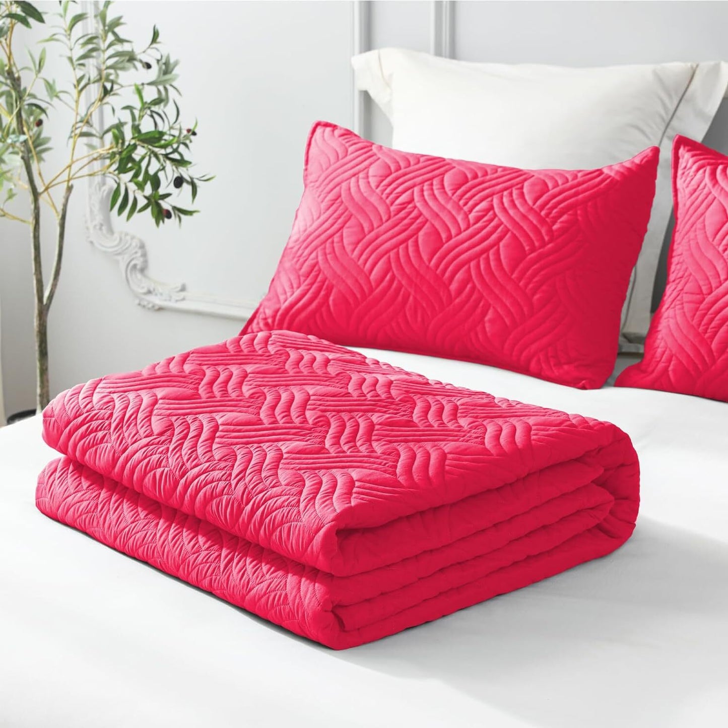 Whale Flotilla Quilt Set Twin Size, Soft Microfiber Lightweight Bedspread Coverlet Bed Cover (Wave Pattern) for All Seasons♀?Hot Pink, 2 Pieces (Includes 1 Quilt,1 Sham)