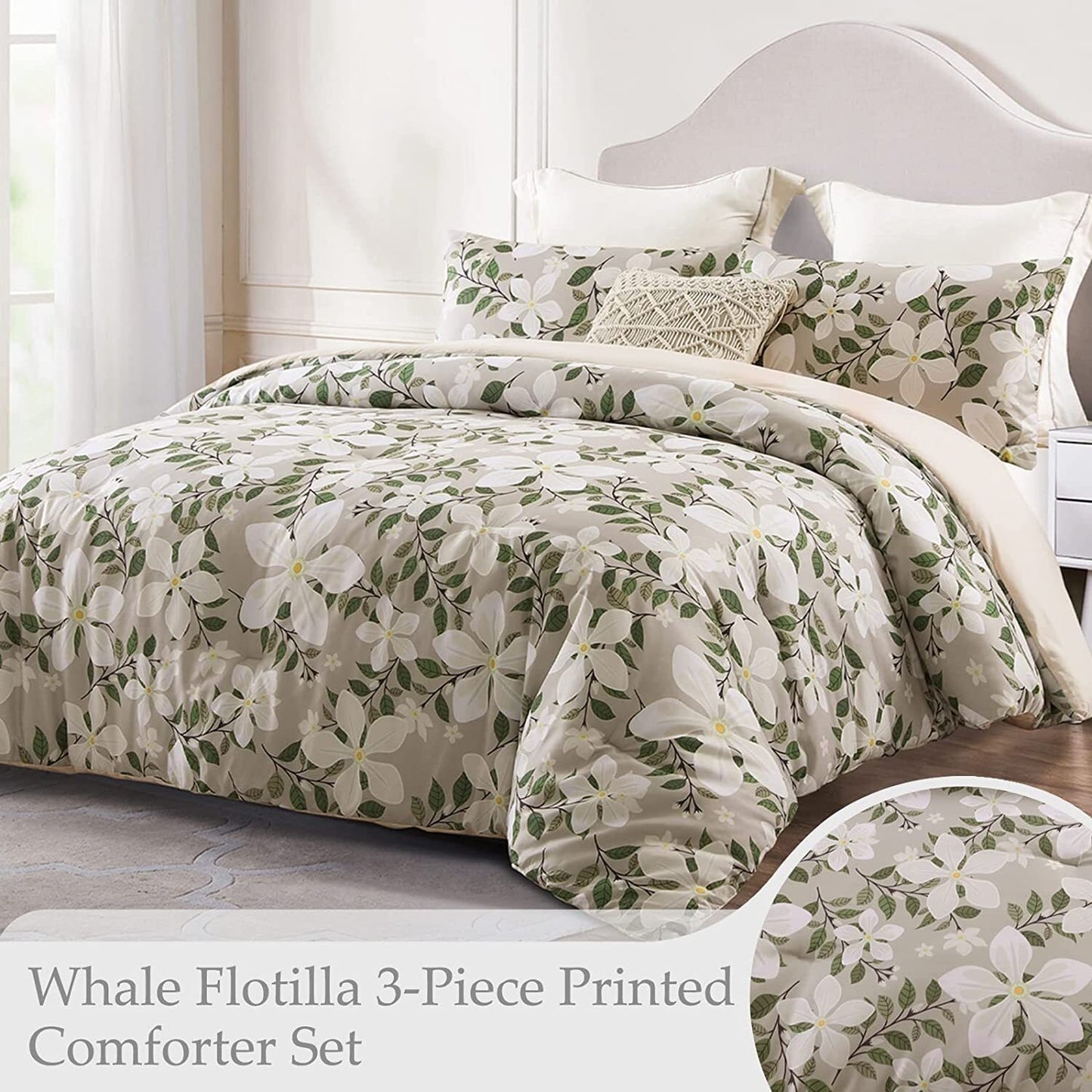 Whale Flotilla 3-Piece King Comforter Set, Soft Reversible Bedding Comforter Sets, Floral Printed Down Alternative Comforter Duvet for All Seasons, Bone