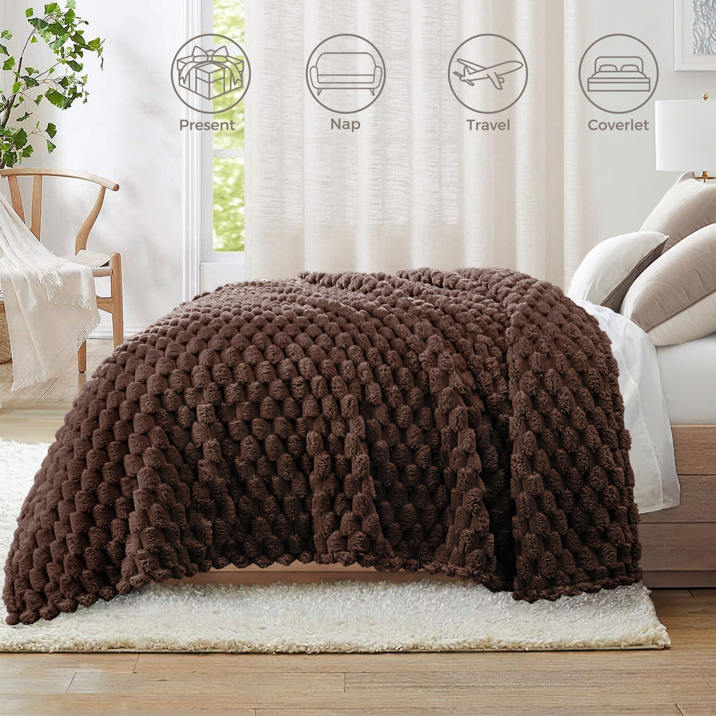 Whale Flotilla Throw Blanket for Couch with Expanded 3D-Jacquard Pattern, Fuzzy Soft Cozy Exquisite Blankets or All Season, Warm and Fluffy, 50x60 Inch,Coffee