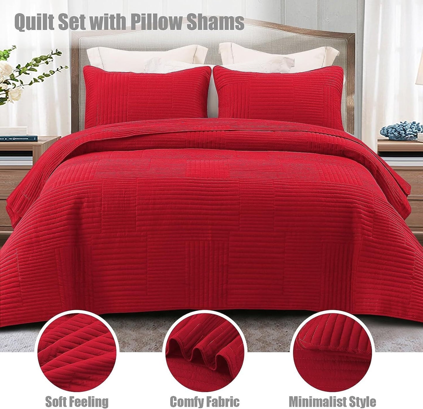Whale Flotilla Twin Quilt Set, Soft and Lightweight Bedspreads Coverlet with Striped Pattern, Bedding Sets with Pillow Sham, Reversible Bed Cover for All Seasons, 68x88 Inches, Red Grid