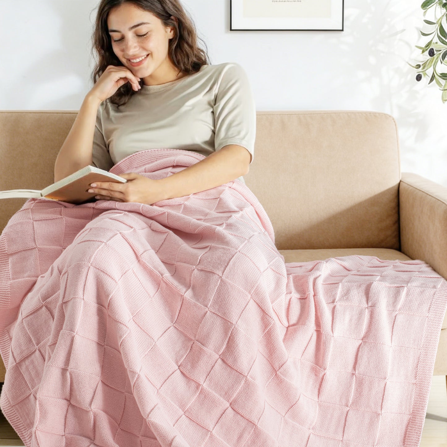 Whale Flotilla Knit Throw Blanket for Couch, Soft Fuzzy Decorative Knitted Blanket for Sofa Bed, Lightweight Cozy Warm Throws, 60x80 Inch, Pink