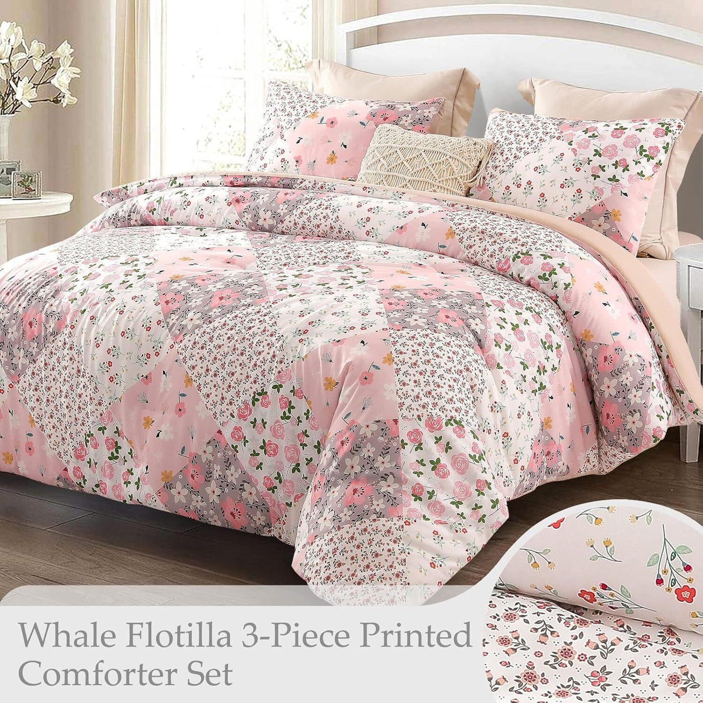Whale Flotilla 3-Piece Queen Comforter Set, Soft Reversible Full Size Bedding Comforter Sets, Patchwork Printed Down Alternative Comforter Duvet for All Seasons, Pink