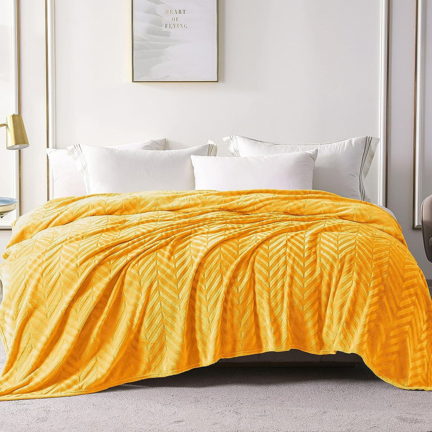 Whale Flotilla Flannel Fleece King Size Bed Blanket, Soft Velvet Lightweight Bedspread Plush Fluffy Coverlet Chevron Design Decorative Blanket for All Season, 90x104 Inch, Lemon Yellow