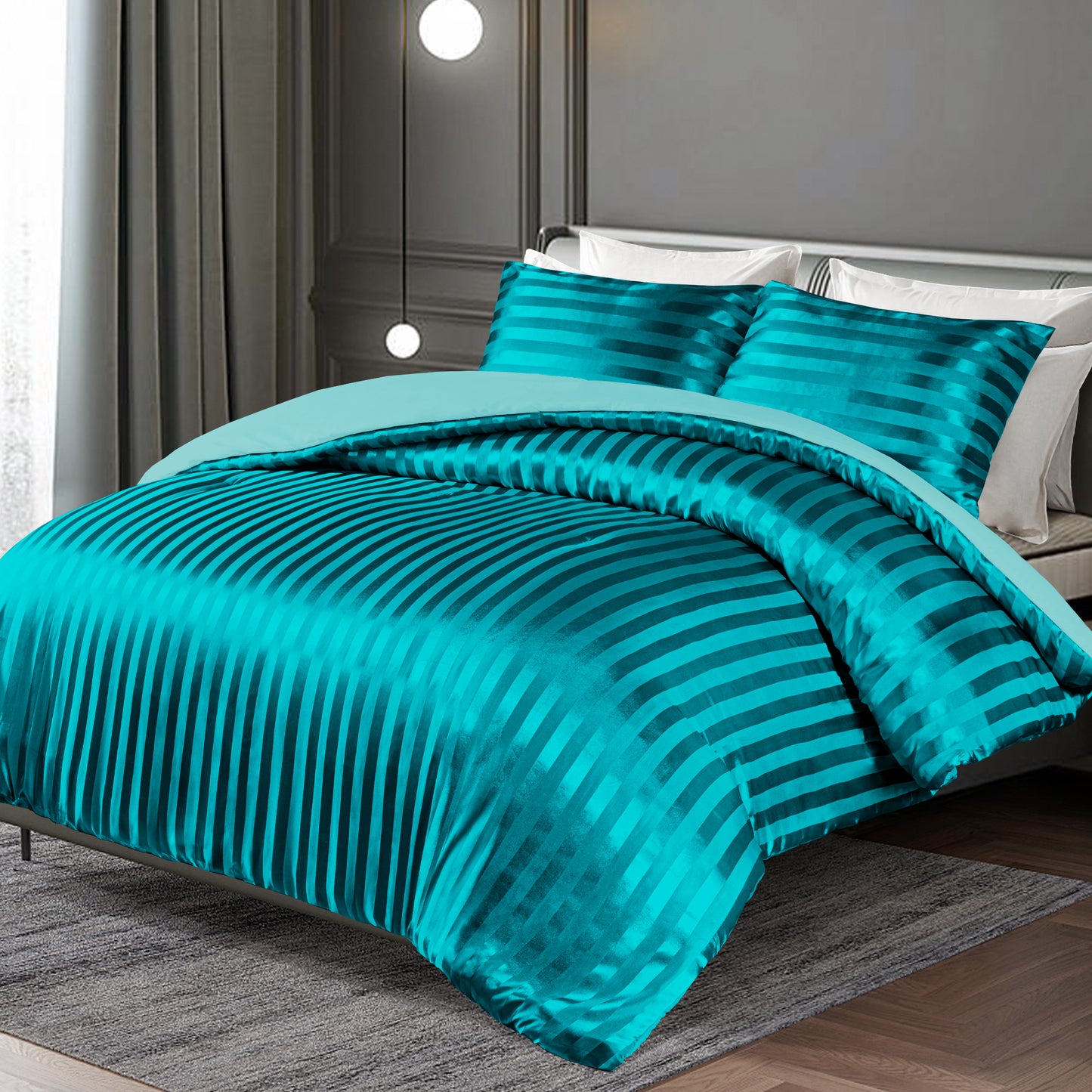 Whale Flotilla 3-Piece Reversible Silky Soft Queen Comforter Set, Luxury Stripe Satin Comforters Full Size Bedding Set with 2 Satin Pillowcases, Lightweight Duvet Set for All Seasons, Turquoise